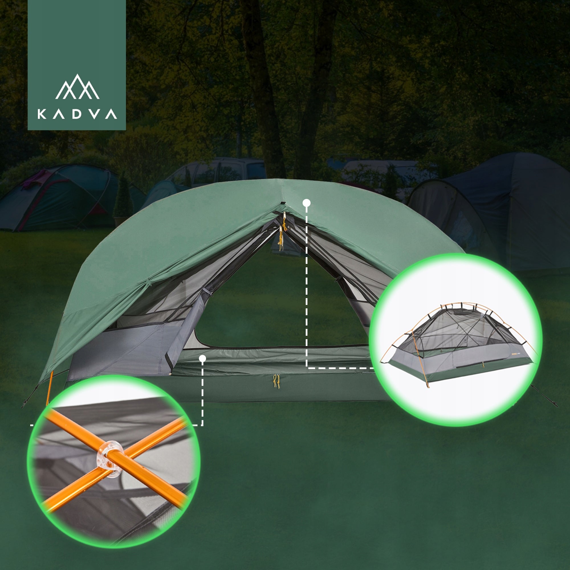 Ultralight trekking tent 2-person KADVA EXPEDIT 2 PRO green OS Waterproofness 3000 mm