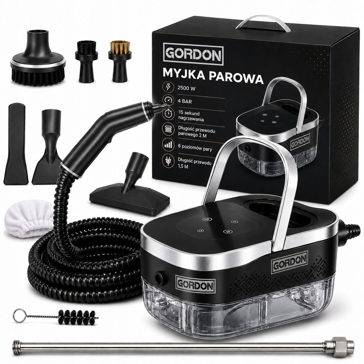 Universal steam cleaner for bathroom 2500 W 4 bar with adjustable steam black