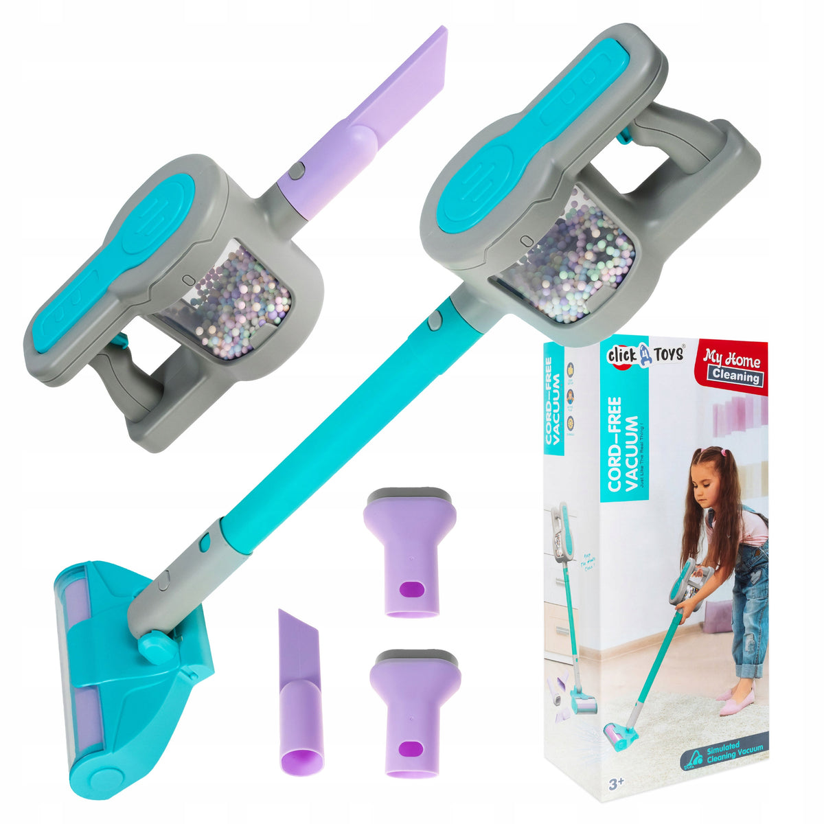 VACUUM CLEANER FOR CHILDREN VERTICAL 4 SUCTION CUPS BALLS SOUNDS CLEANING KIT