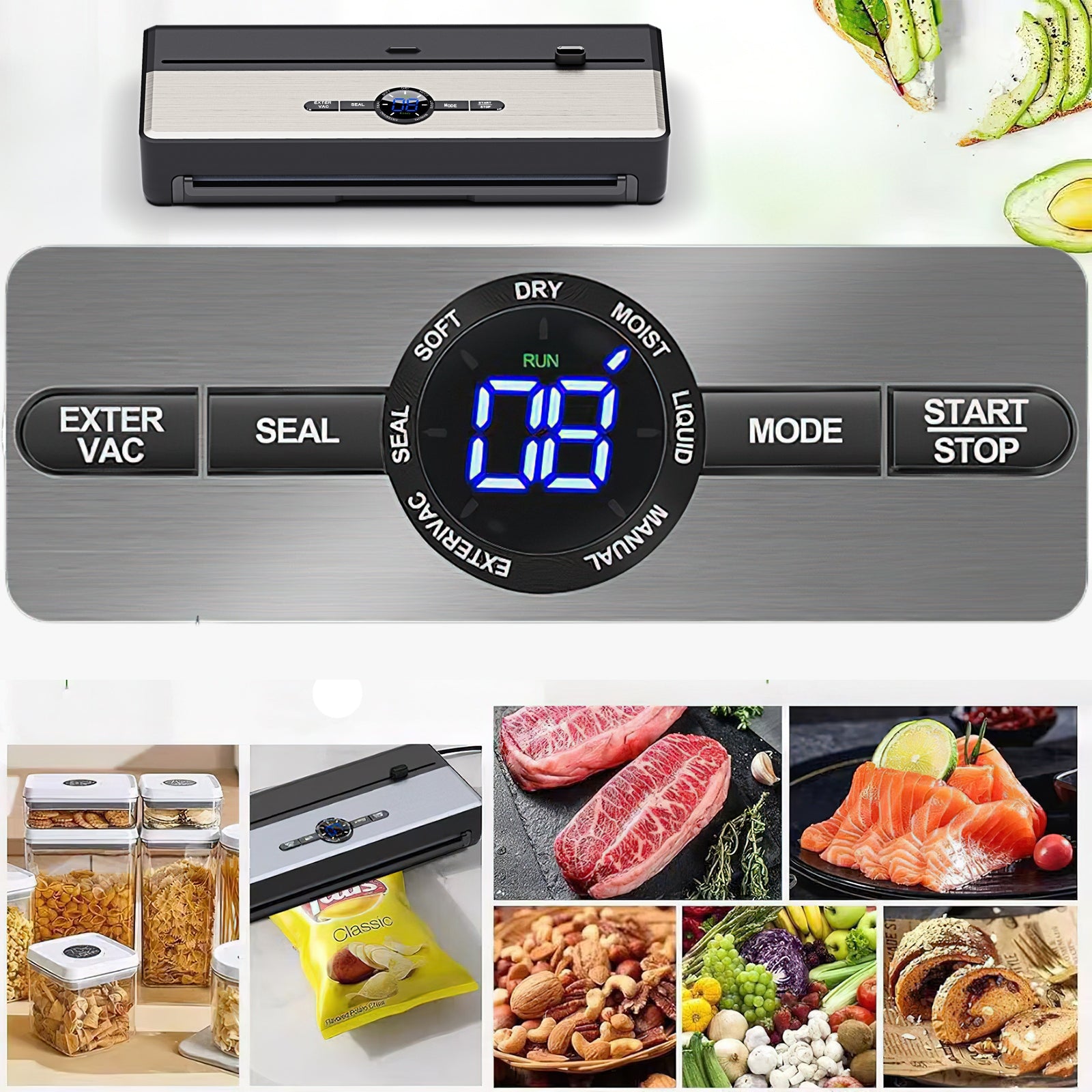 VACUUM SEALER FOOD PACKAGING MACHINE AUTOMATIC+BAGS & FILM 7in1 Dominant color black