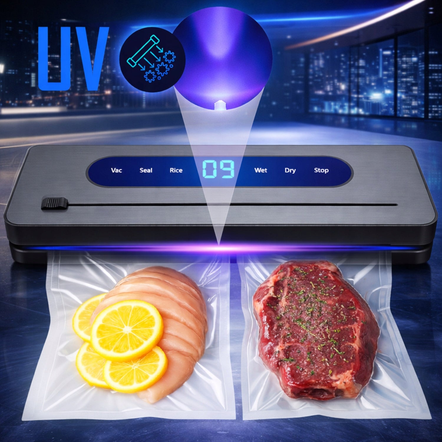 VACUUM SEALER Food PACKAGING MACHINE UV Disinfection KNIFE + 50 BAGS Power 120 W