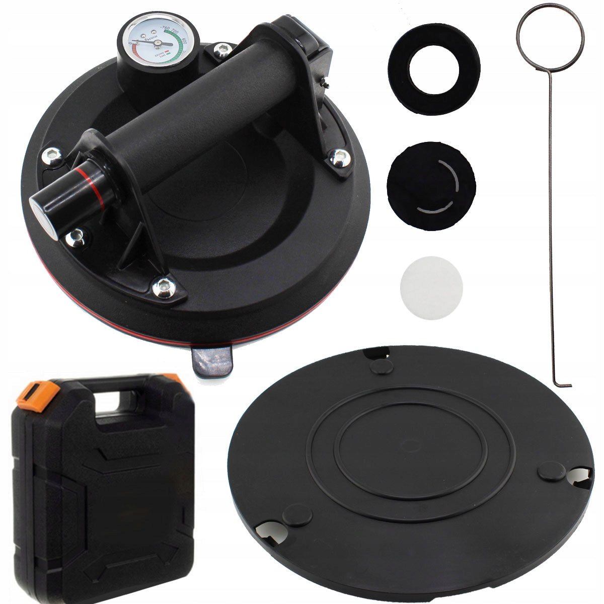 VACUUM SUCTION CUP WITH PRESSURE GAUGE HOLDER WITH PUMP FOR TILES, GLAZE AND GLASS Packaging status original