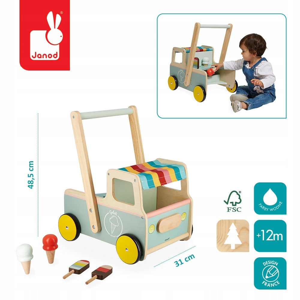 VAN WITH ICE CREAM wooden pusher JANOD 12m+ Color green