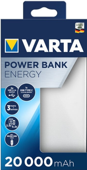 VARTA Energy 20000mAh 3xUSB Powerbank USB-C 5V/3A LED