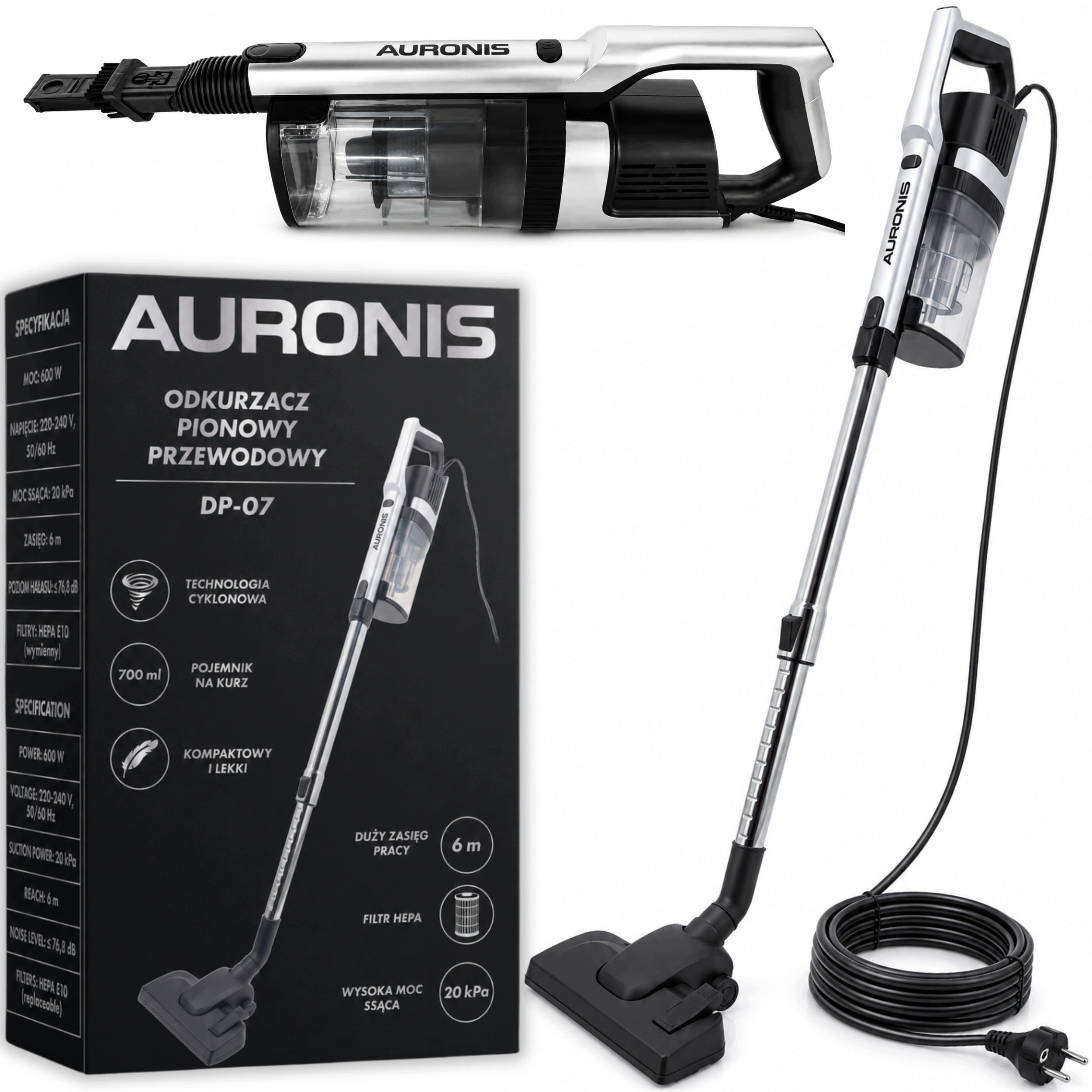 VERTICAL CORDED VACUUM CLEANER 6m HANDHELD BAGLESS 20kPa HANDLE STRONG 600W