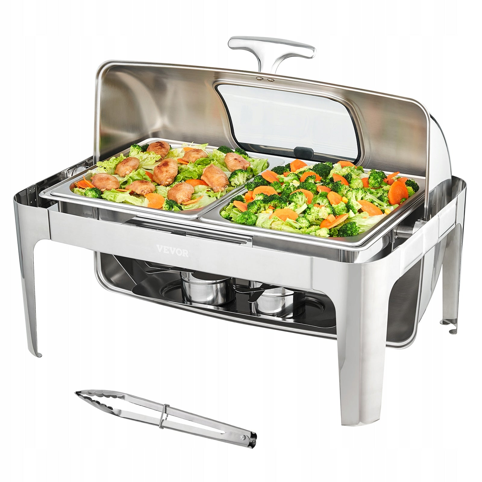 VEVOR 9Qt 1 Pack Rectangle Roll Top Chafing Dish Set with 2 Half Size Pans