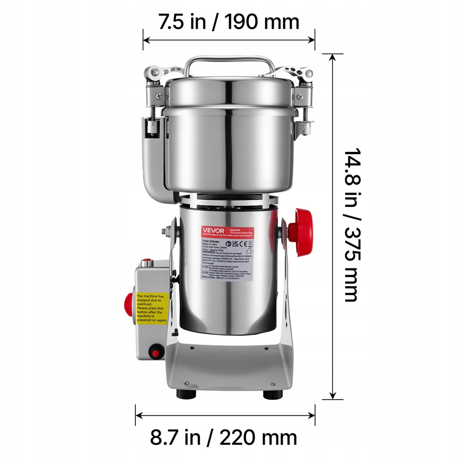 VEVOR Electric Grain Grinder 2100W 800G Grinder Dry Stainless Steel Manufacturer code DDDPSGWYMJ801