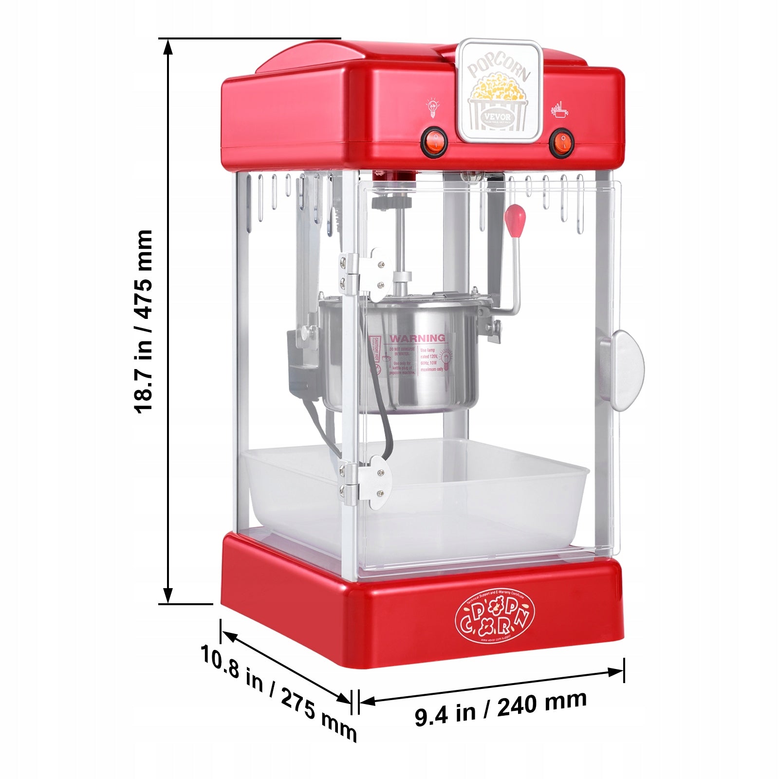 VEVOR Popcorn Machine 300W Ease of Cleaning With Tray Red Brand Vevor