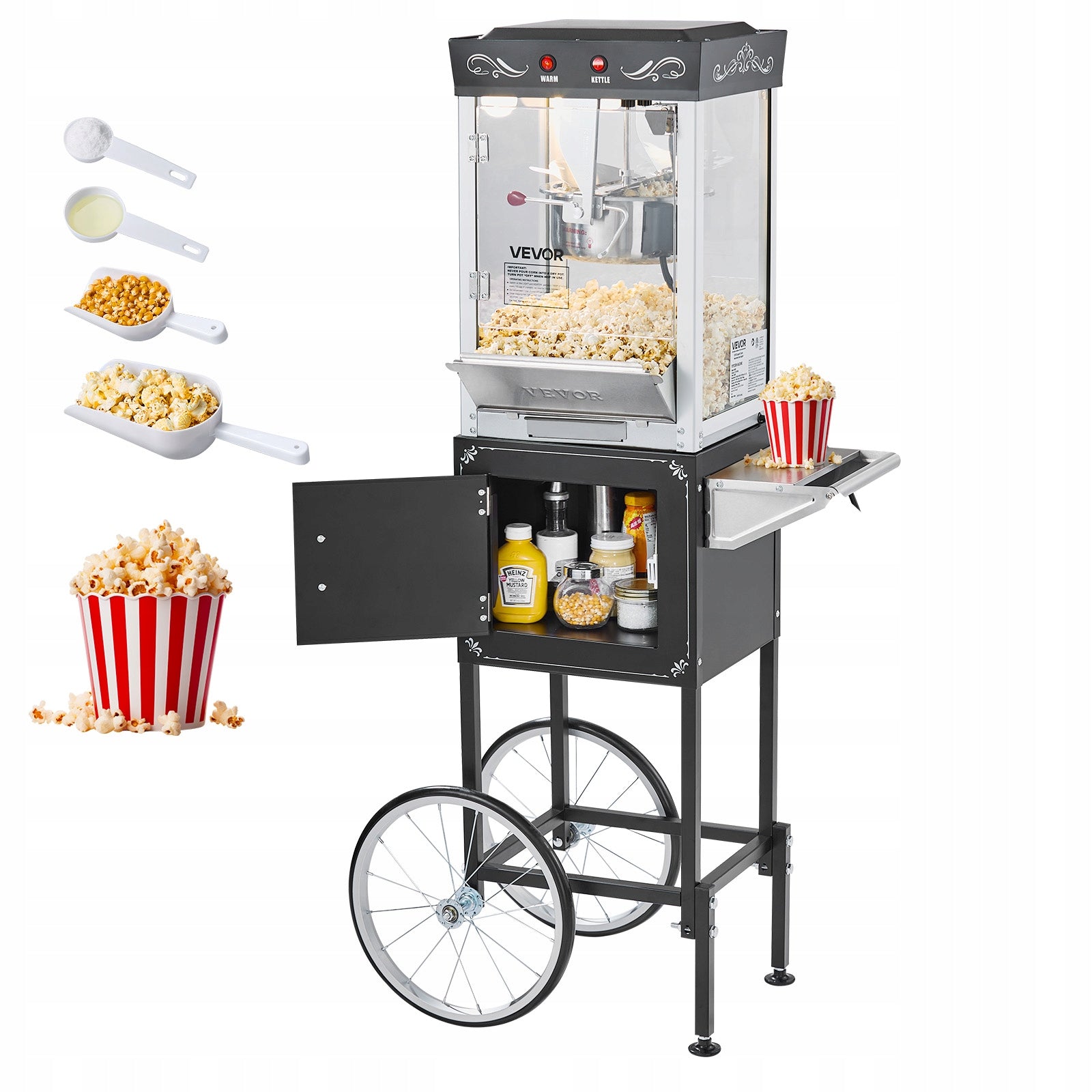 VEVOR Popcorn Machine With Trolley 800W 237ML Black Stainless Steel 304
