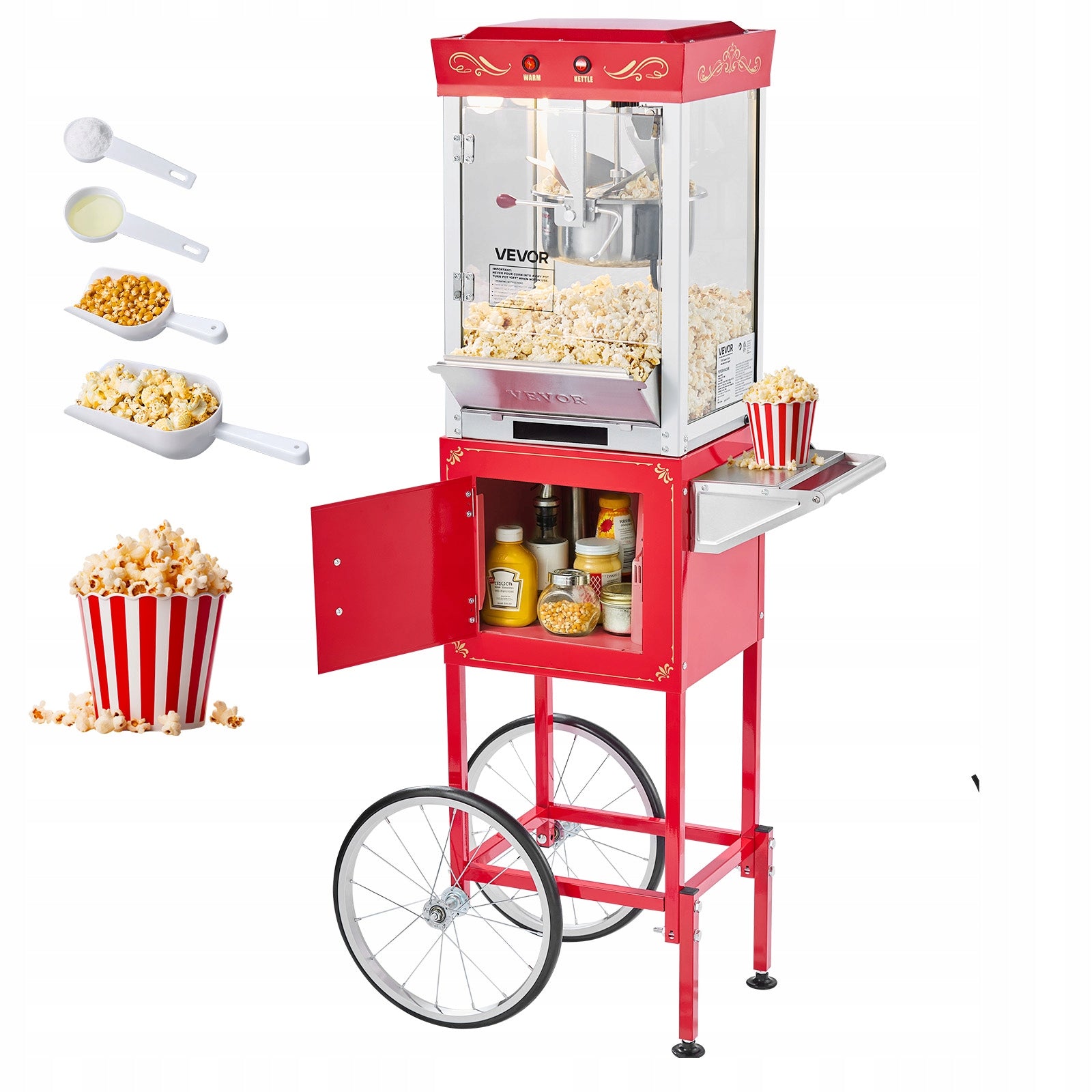 VEVOR Popcorn Machine With Trolley Red 800W 237ML Stainless Steel 304