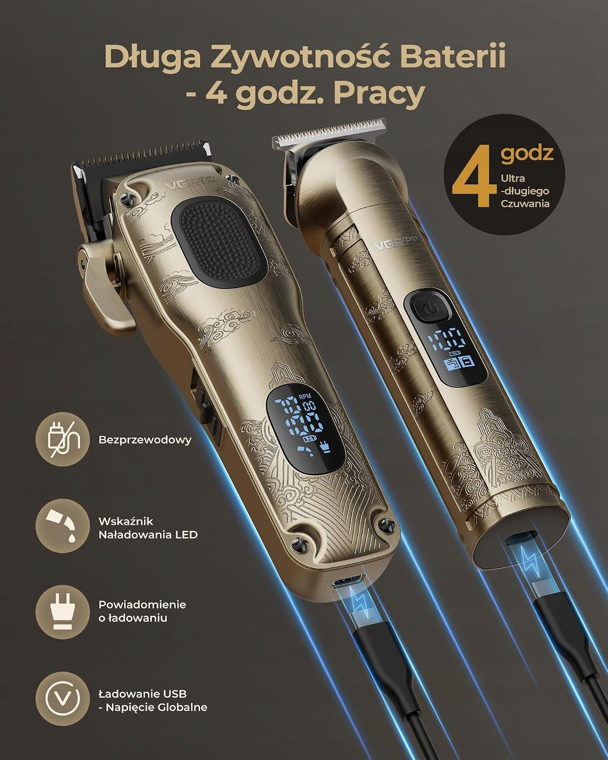 VGRPRO Set Hair Clipper for Men and Gold Trimmer Manufacturer code VGR Pro V-007&109