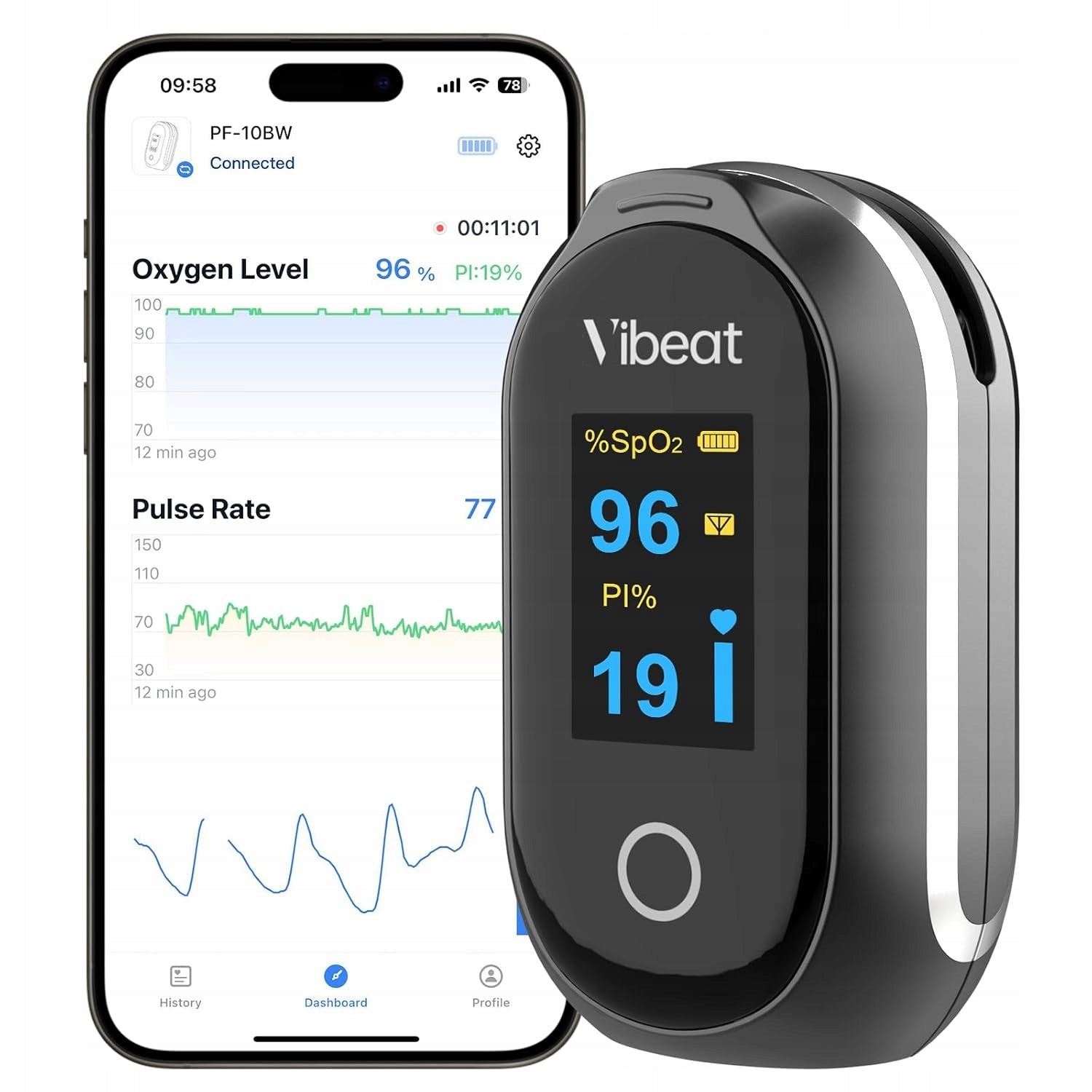 VIBET pulse oximeter on finger for sleep Bluetooth data recording long work