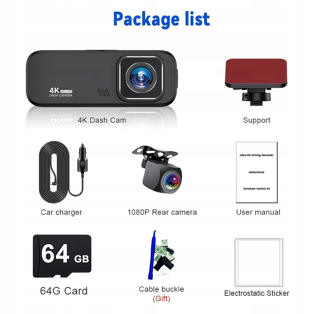 VIDEO RECORDER DASH CAM + 4K GPS WiFi HDR RECORDER PRO REAR Memory card included none
