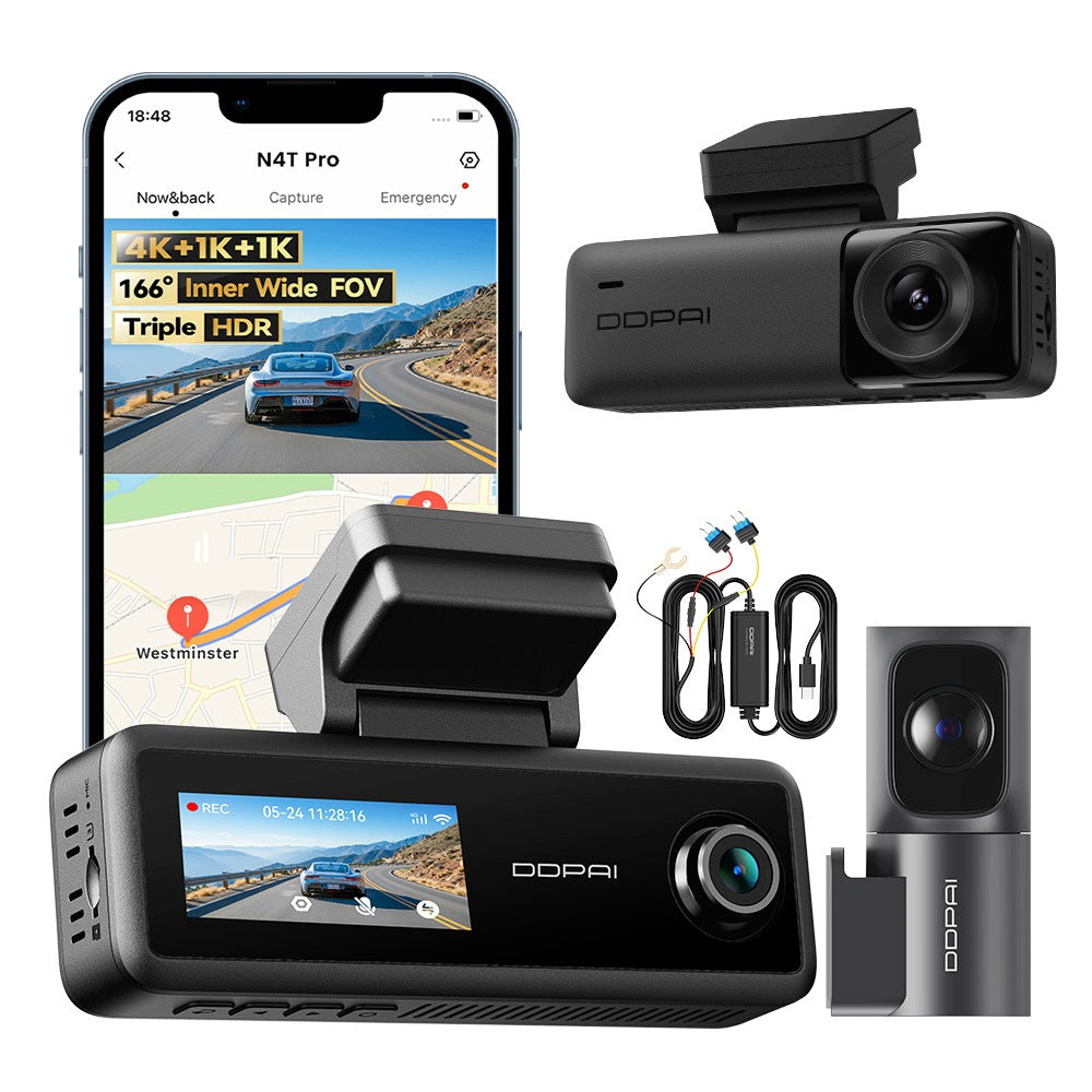 VIDEO RECORDER DDPAI N4T Pro 4K HDR CAMERA FRONT REAR INTERIOR+HARDWIRE KIT