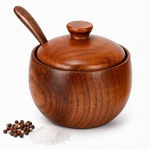 VINTAGE NORDIC WOODEN SALTER WITH LID SPOON FOR KITCHEN