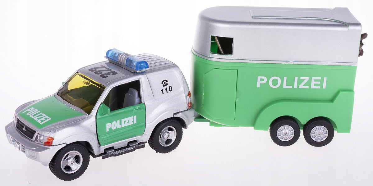 VOLKSWAGEN T6.1 2019 POLICE WITH HORSE TRAILER 26CM + 2 HORSES KIDS GLOBE