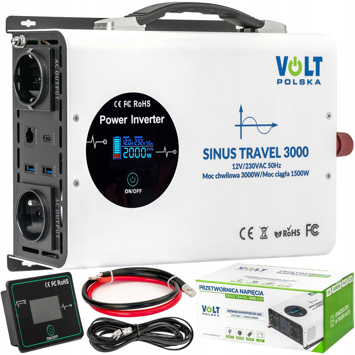VOLTAGE CURRENT CONVERTER SINE 12V 230V VOLT TRAVEL 1500/3000W LCD REMOTE CONTROL