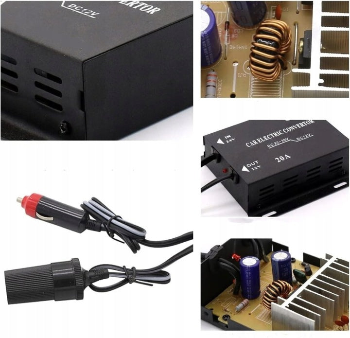 VOLTAGE REDUCER POWER CONVERTER 24V TO 12V STEP-DOWN LIGHTER Effective power 240 W