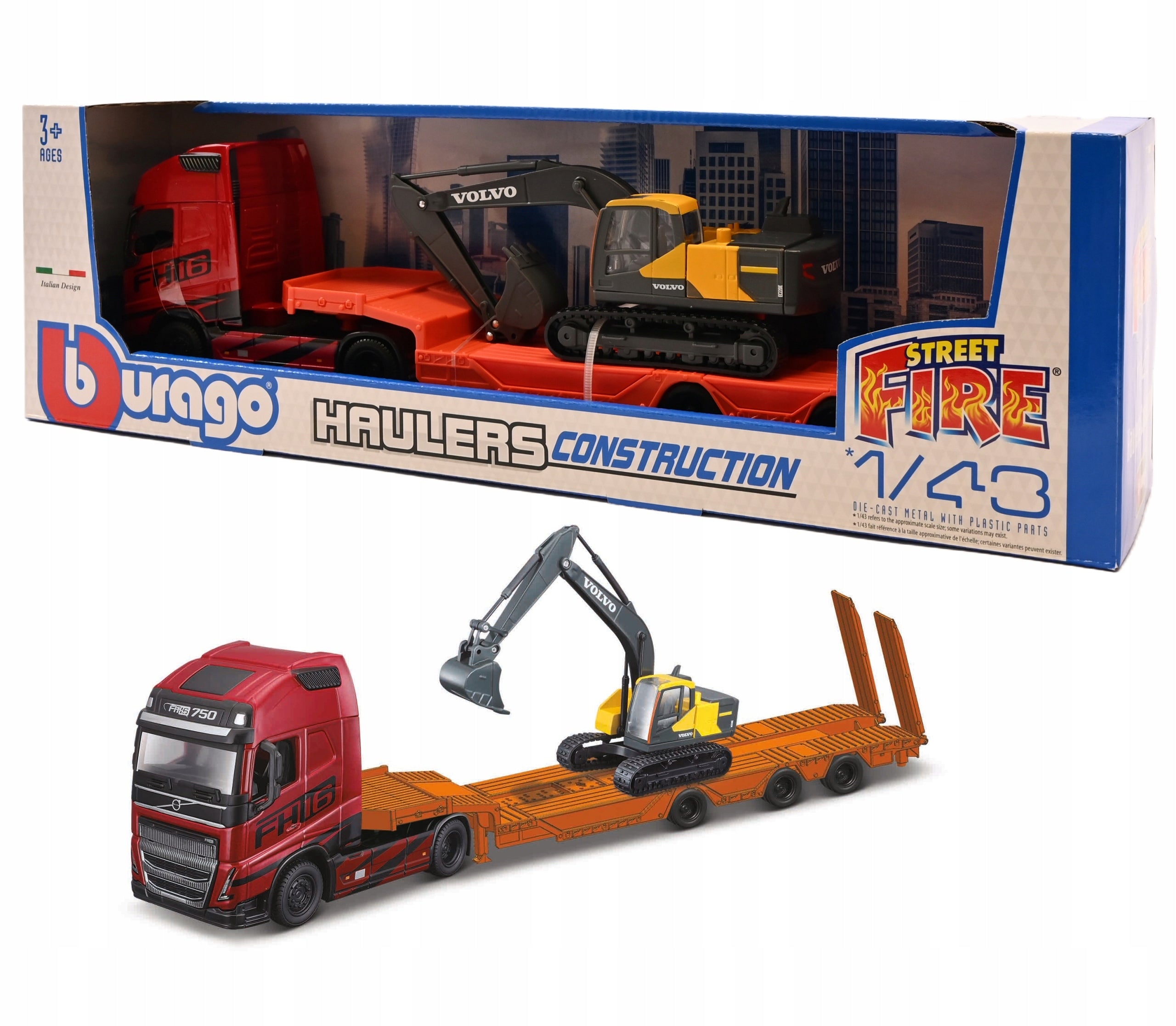 VOLVO FH16 TRUCK TOW TRUCK CRAWLER EXCAVATOR VOLVO EC220E 1:43 BBURAGO
