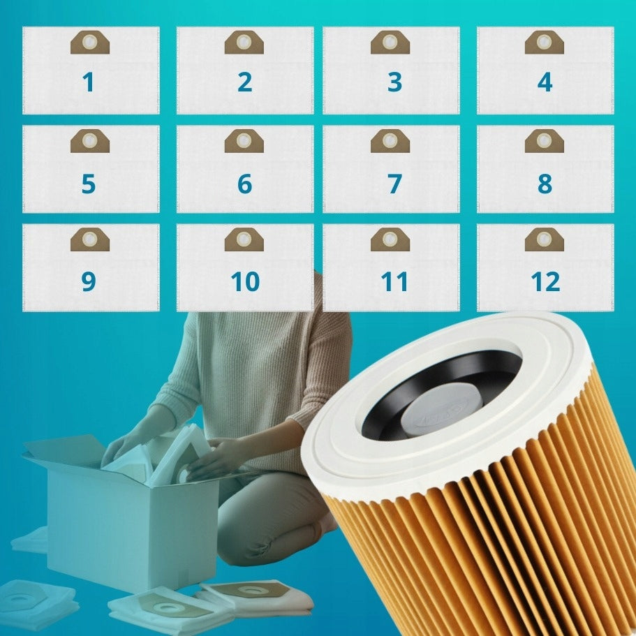 Vacuum cleaner bags KÄRCHER WD3 WD2 MV3 synthetic 12pcs + filter replacement Manufacturer code 5905943043099