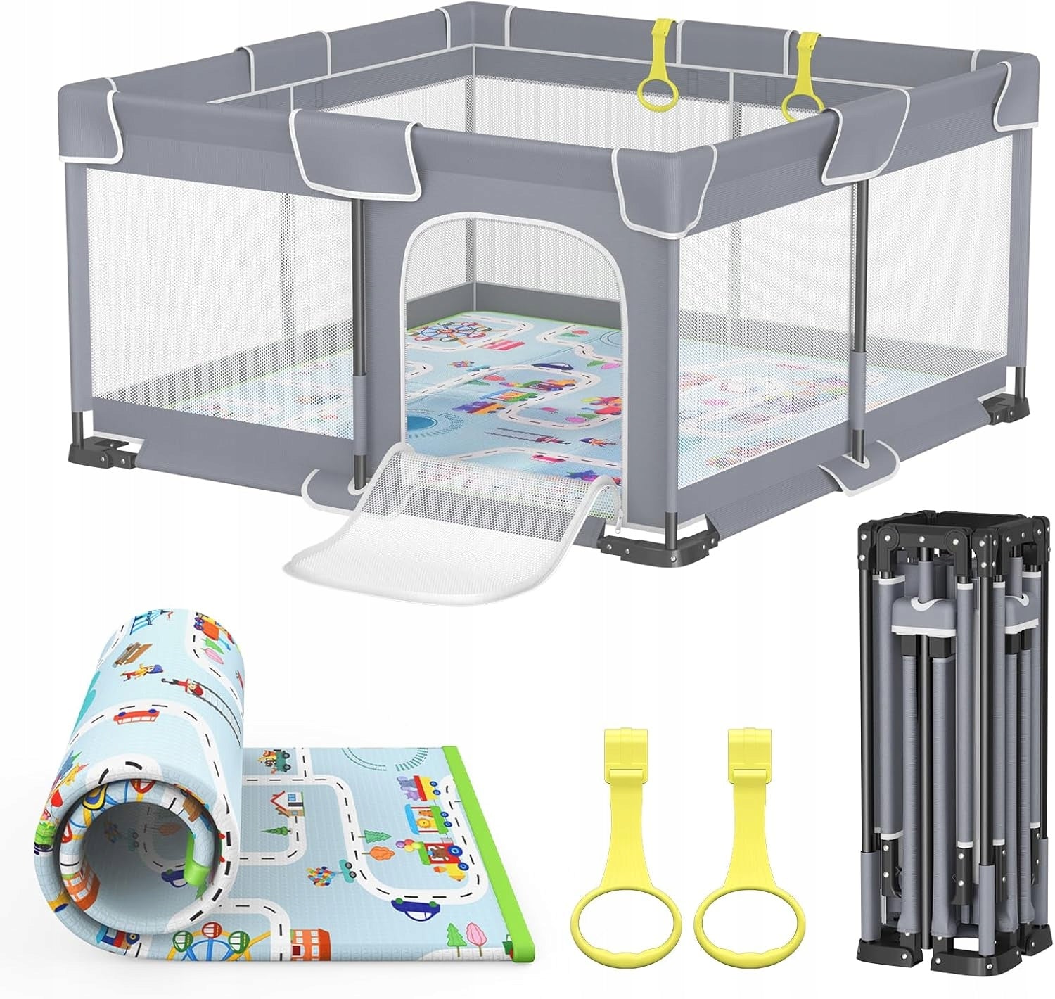 Vancle Playpen, Baby Playpen with Mat 127x127 cm Folding Grey