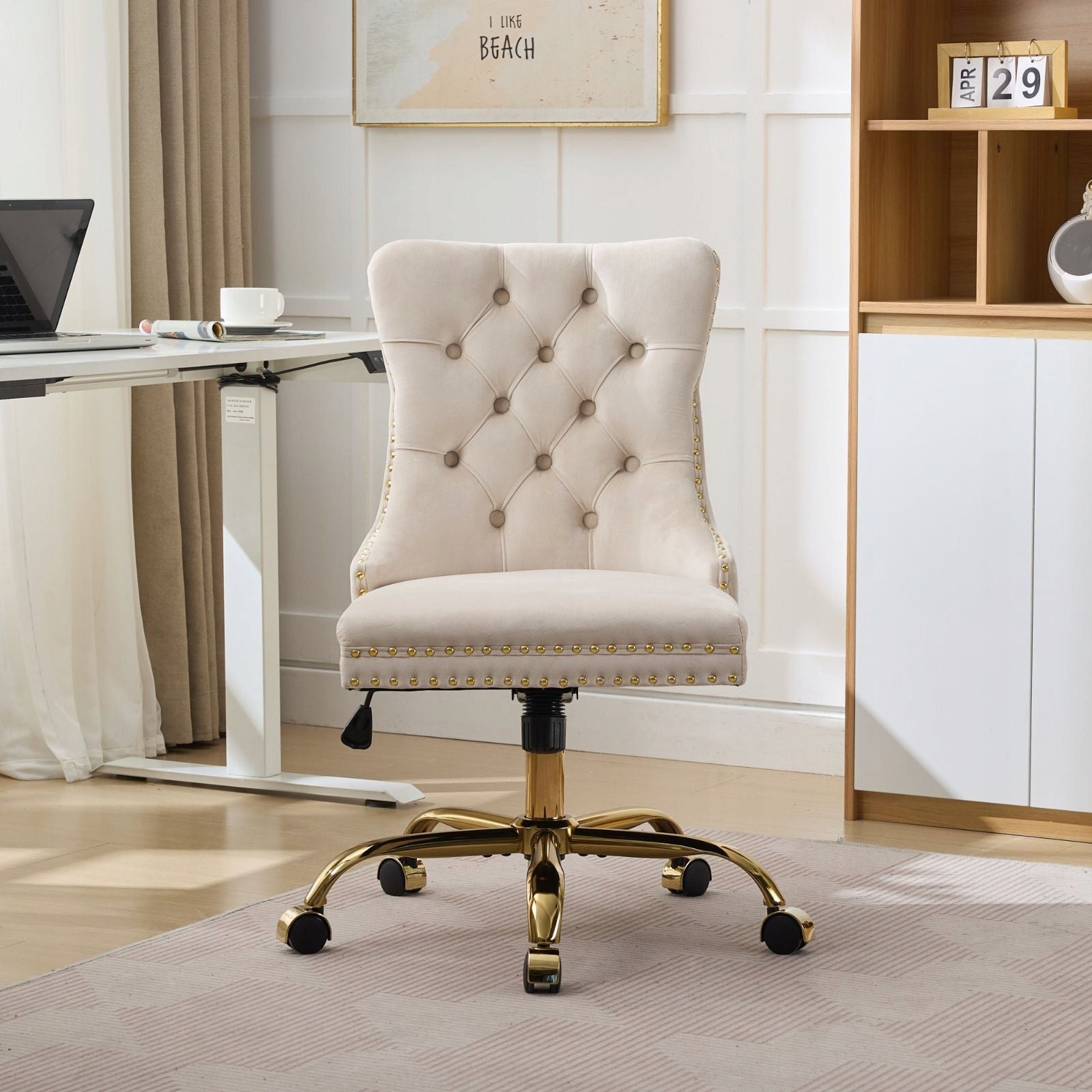 Velvet Office Chair Quilted Beige Gold Base Furniture depth 64 cm