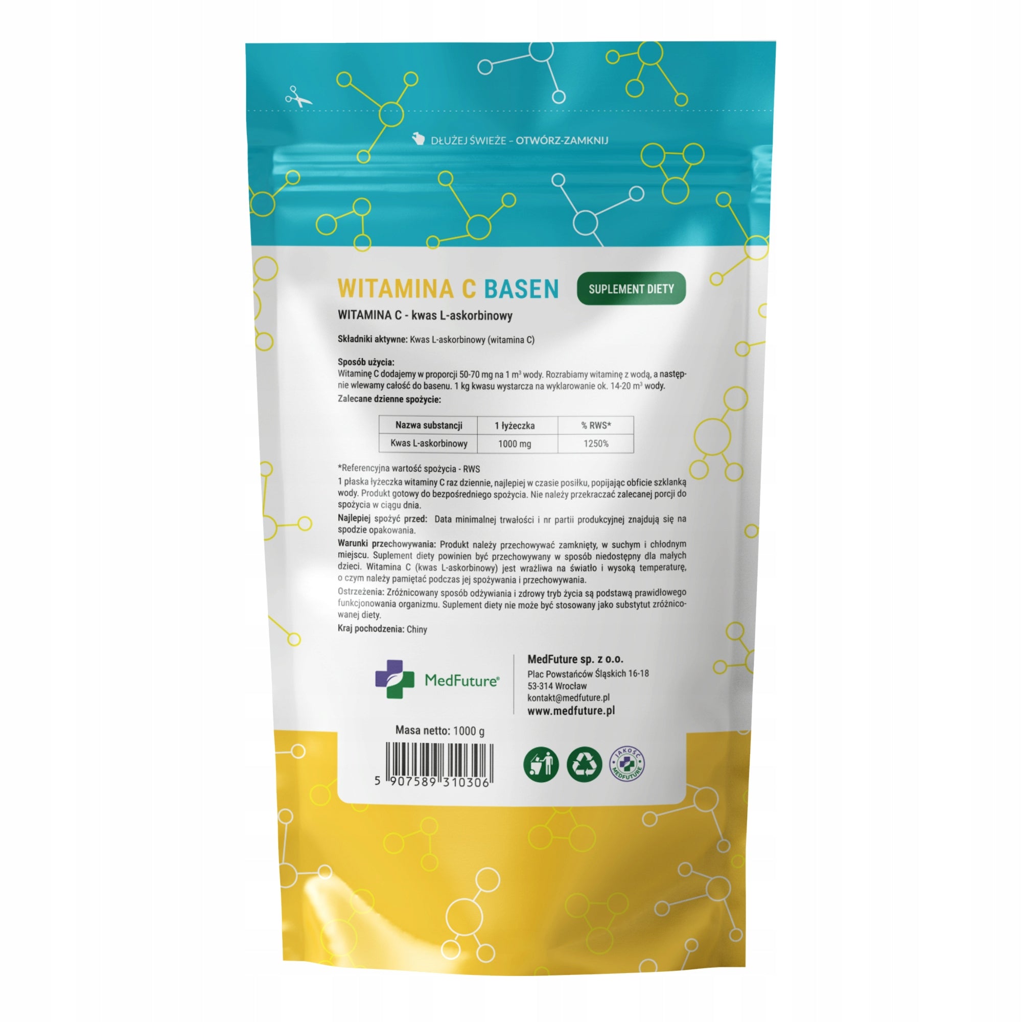 Vitamin C L-ascorbic acid for swimming pools 2 kg Pure water pH regulator Weight 2 kg