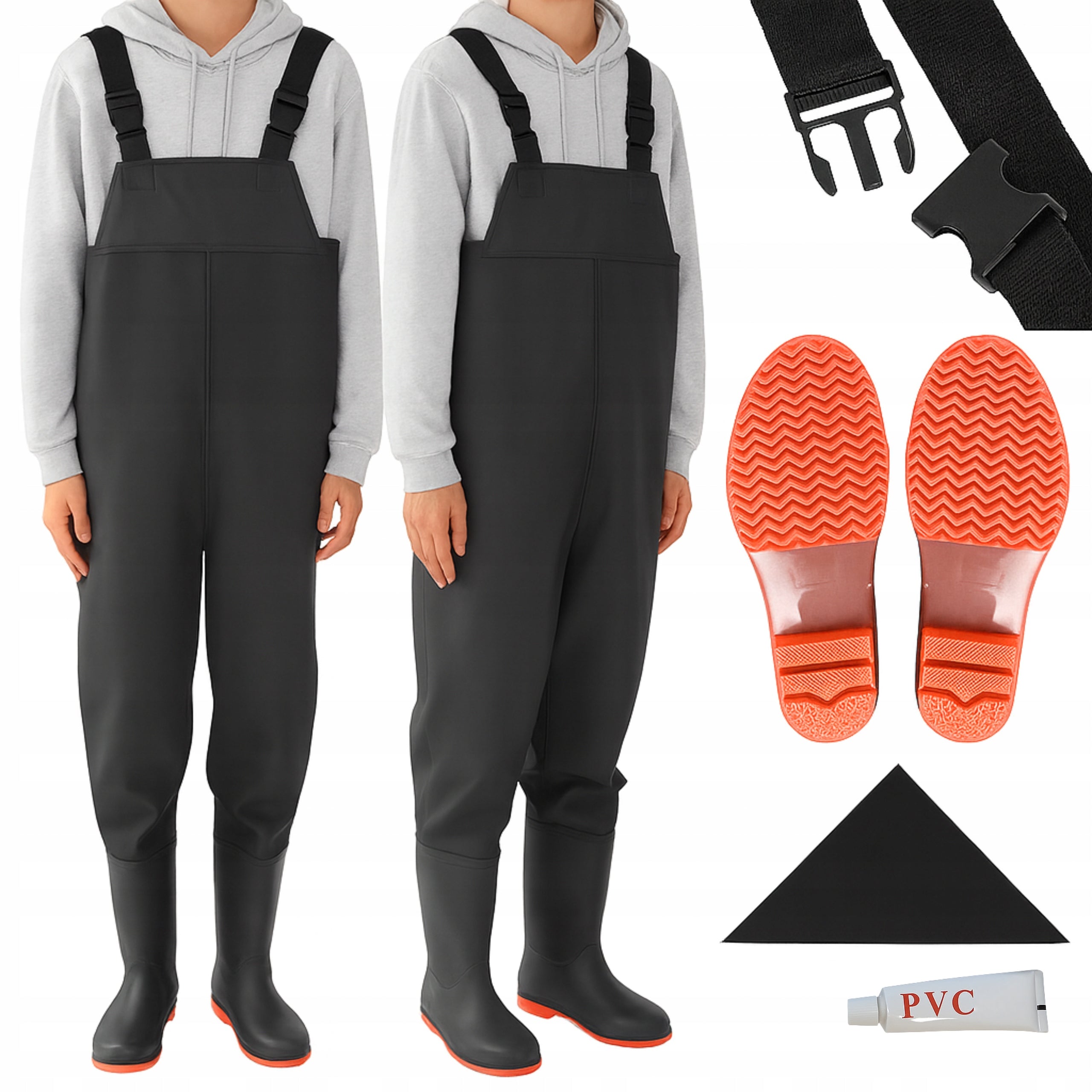 WADERS BIB FISHING PANTS RUBBER BOOTS 42 SIZE BLACK WATERPROOF