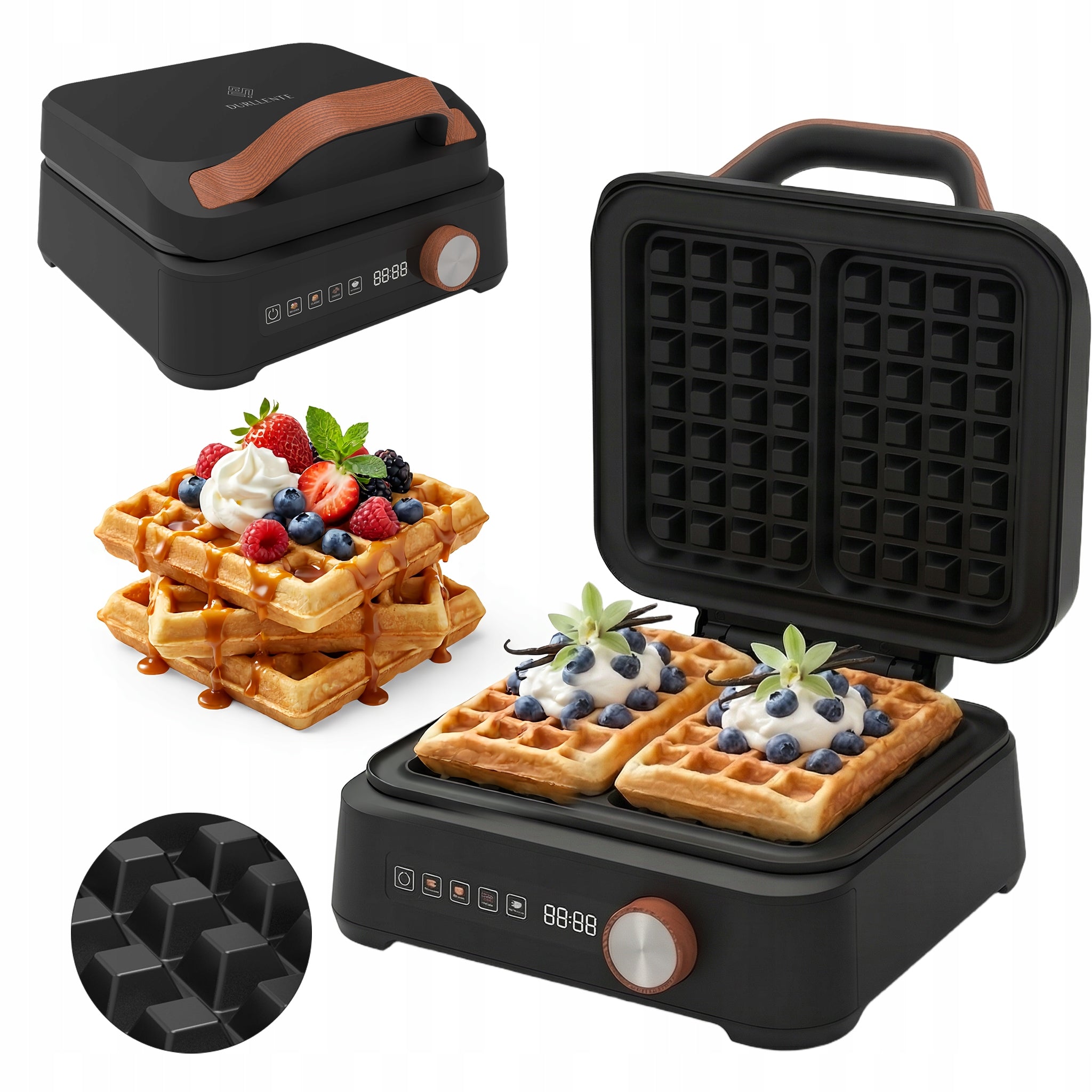 WAFFLE IRON 2 LARGE WAFFLES 4 PROGRAMS STRONG TOUCH COATING PANEL DURLLENTE