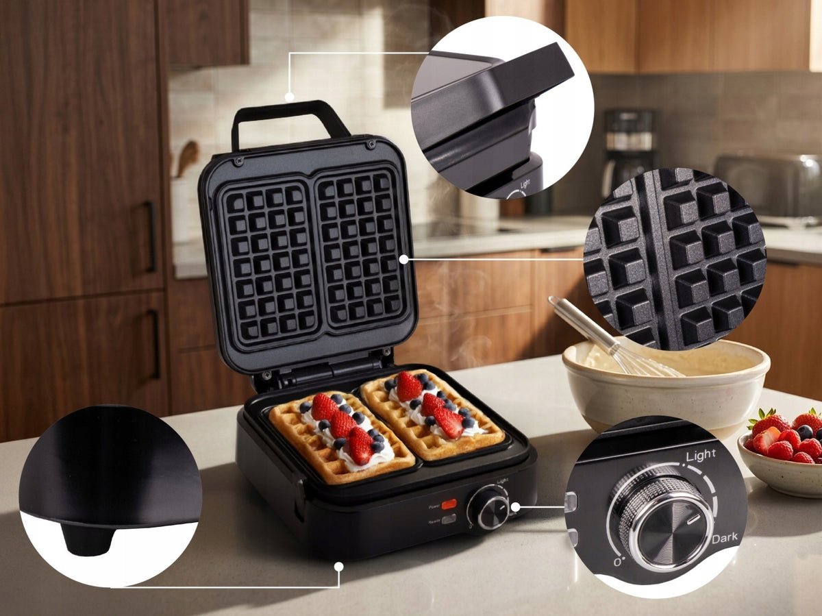 WAFFLE IRON FOR 2 LARGE WAFFLES TEMPERATURE CONTROL NON-LEAKING BLACK Brand Eldom