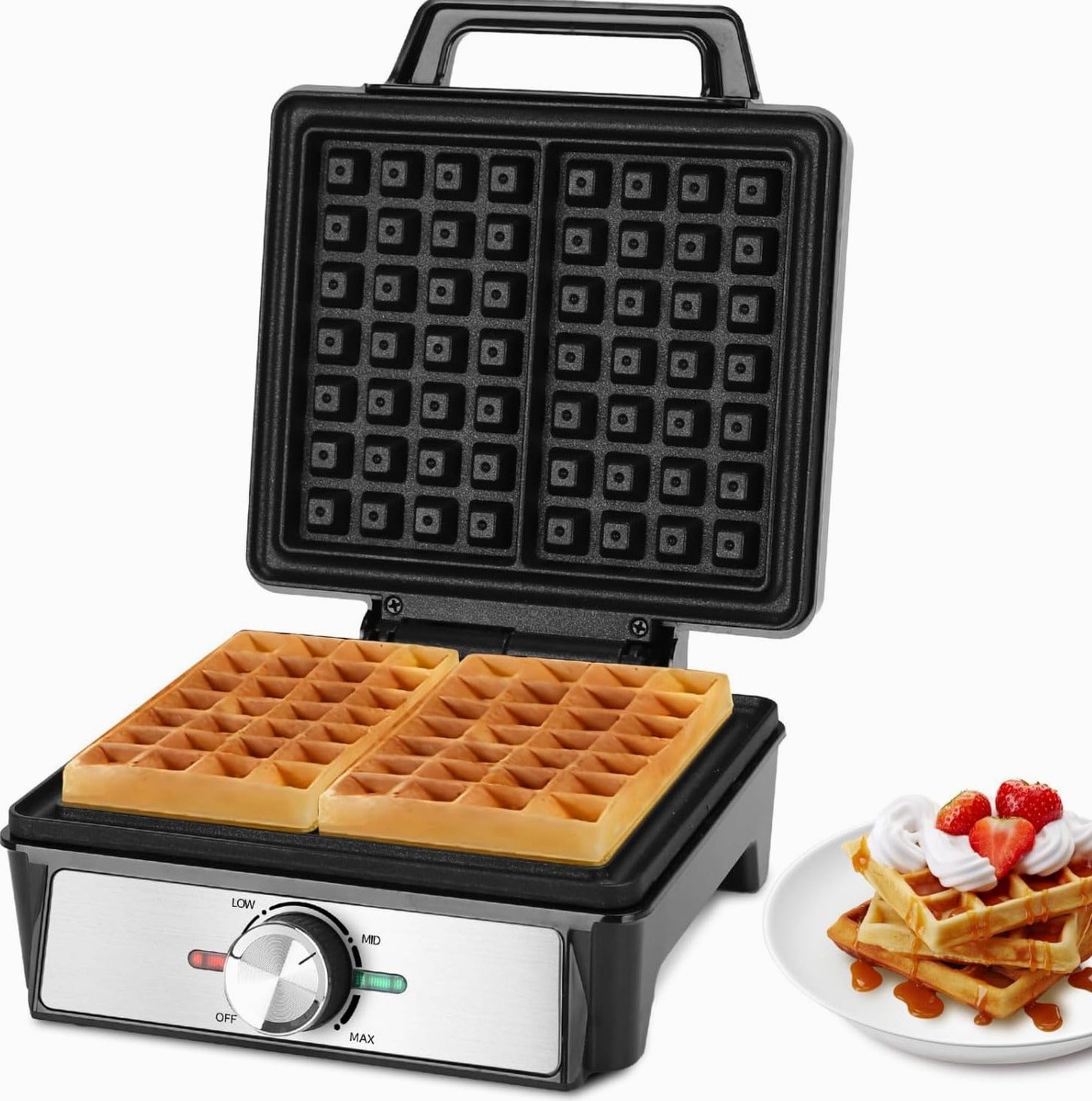 WAFFLE MAKER 2 BELGIAN WAFFLES 1600W NON-STICK LED ADJUSTMENT