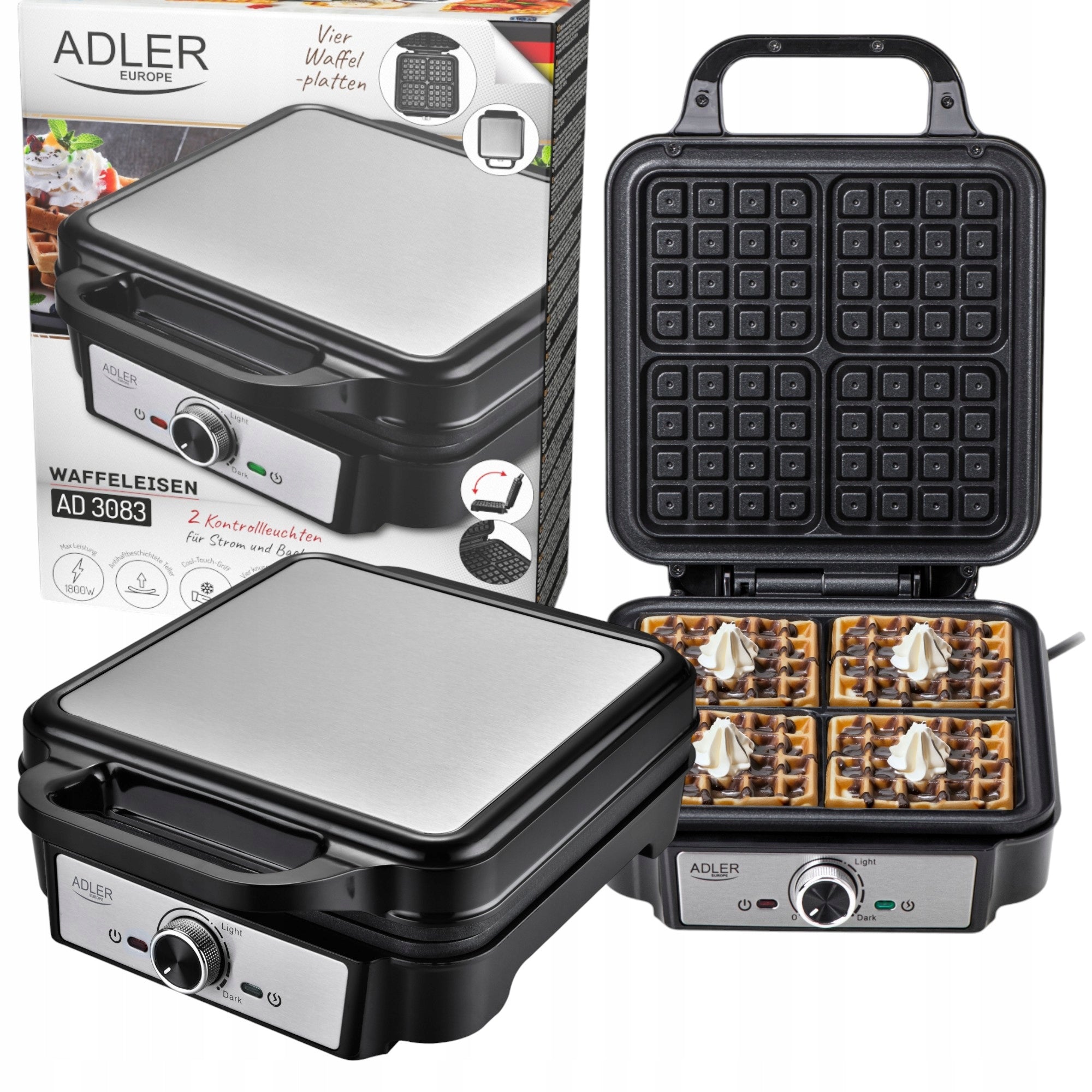WAFFLE MAKER ADLER 1800W CRISPY WAFFLES SOLIDLY MADE LATEST MODEL