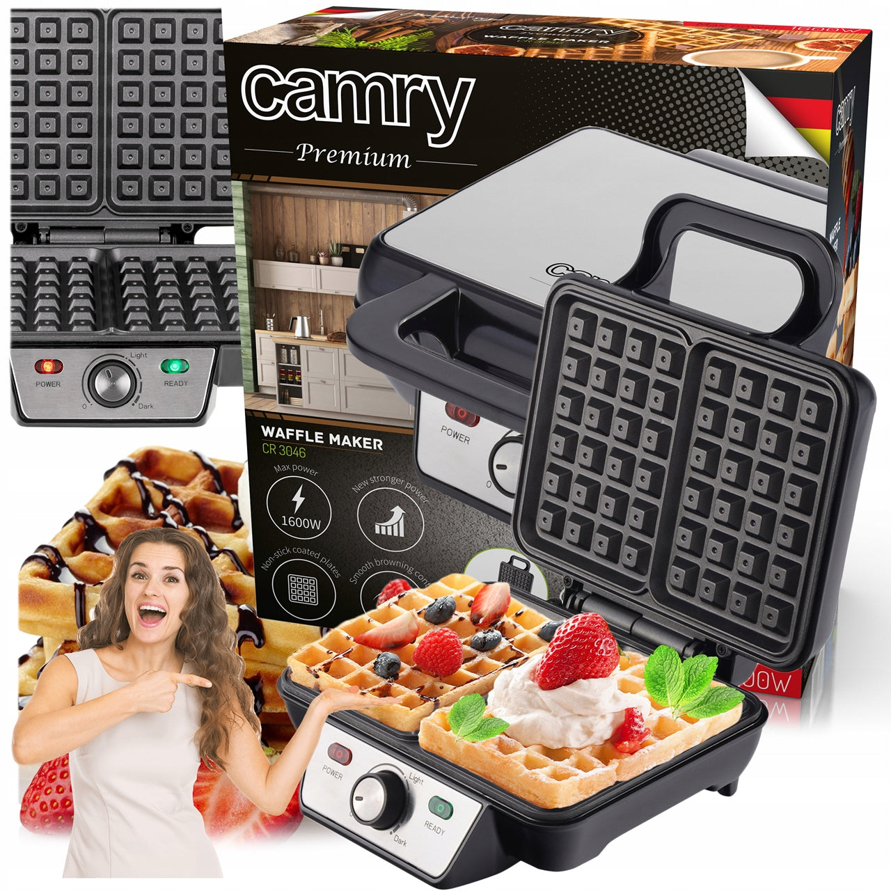 WAFFLE MAKER FOR 2 LARGE CRISPY WAFFLES TEMPERATURE CONTROL FOOT NON-STICK