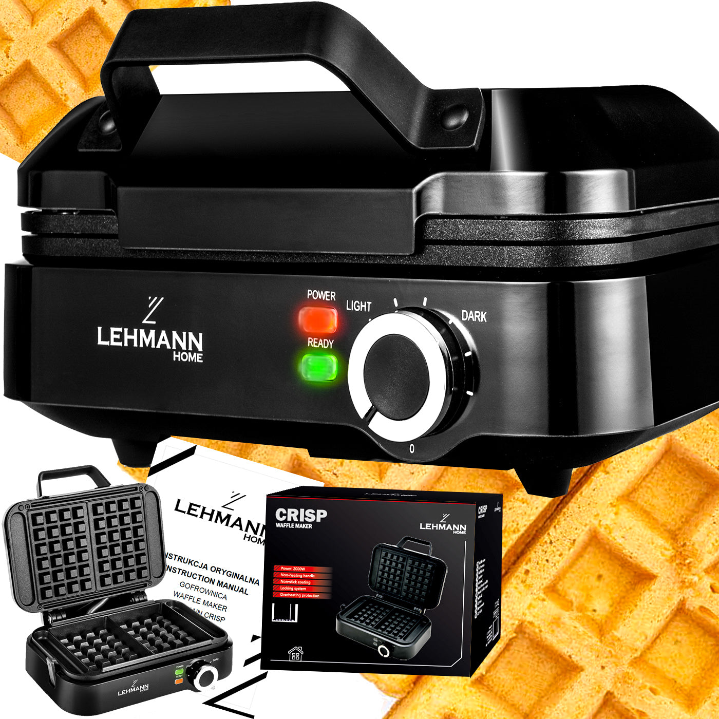 WAFFLE MAKER FOR 2 LARGE WAFFLES TEMPERATURE CONTROL STRONG NON-LEAKING 2000W
