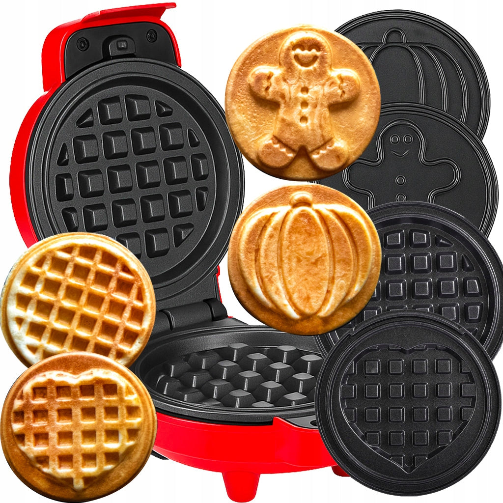 WAFFLE MAKER MINI WAFFLES STRONG NON-STICK 8 TILES 4 PATTERNS RED Power rating 490 W