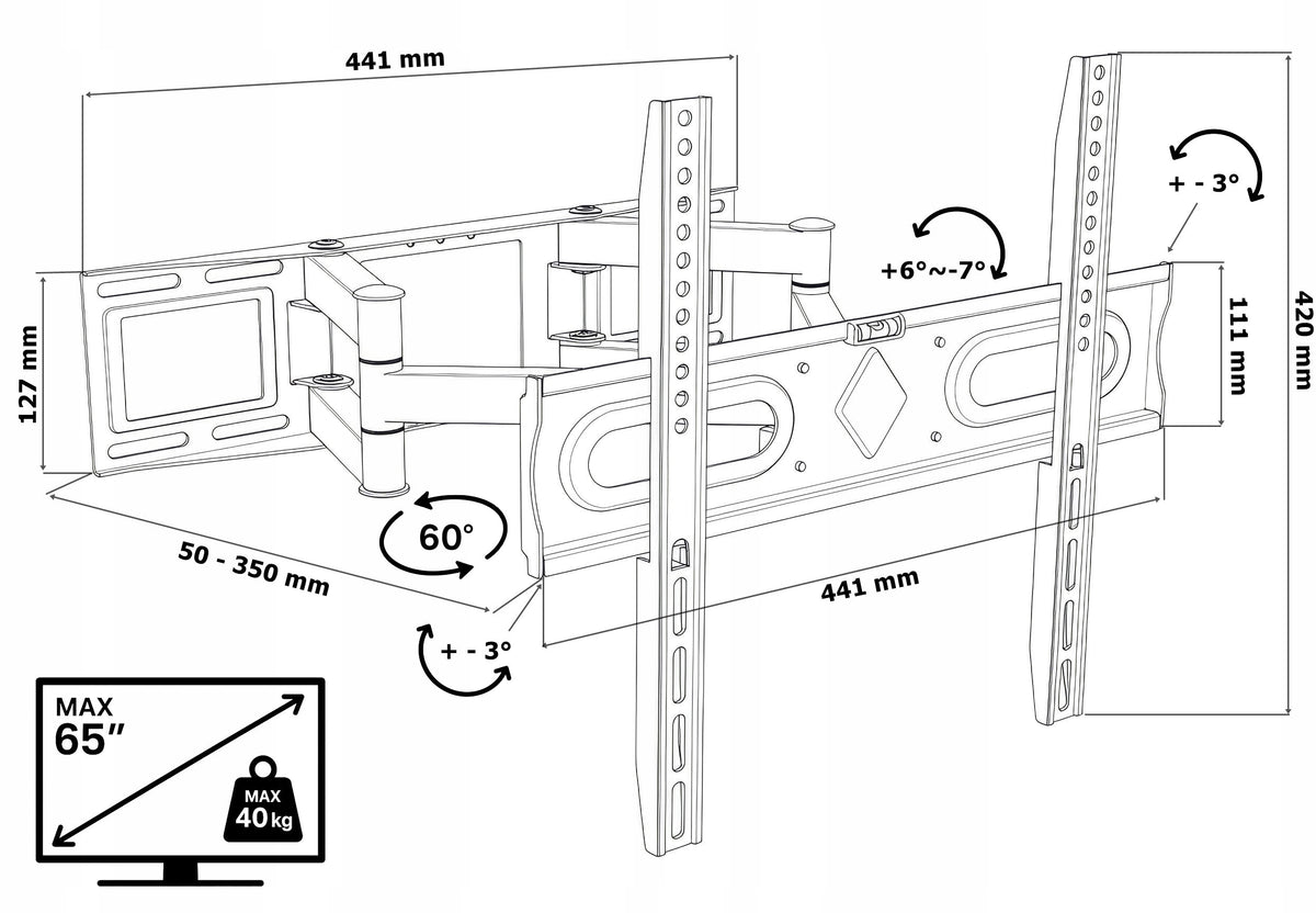 WALL HANGER TV MOUNT HANGING ADJUSTABLE 32-65” INCHES 40KG Manufacturer code 333228MG