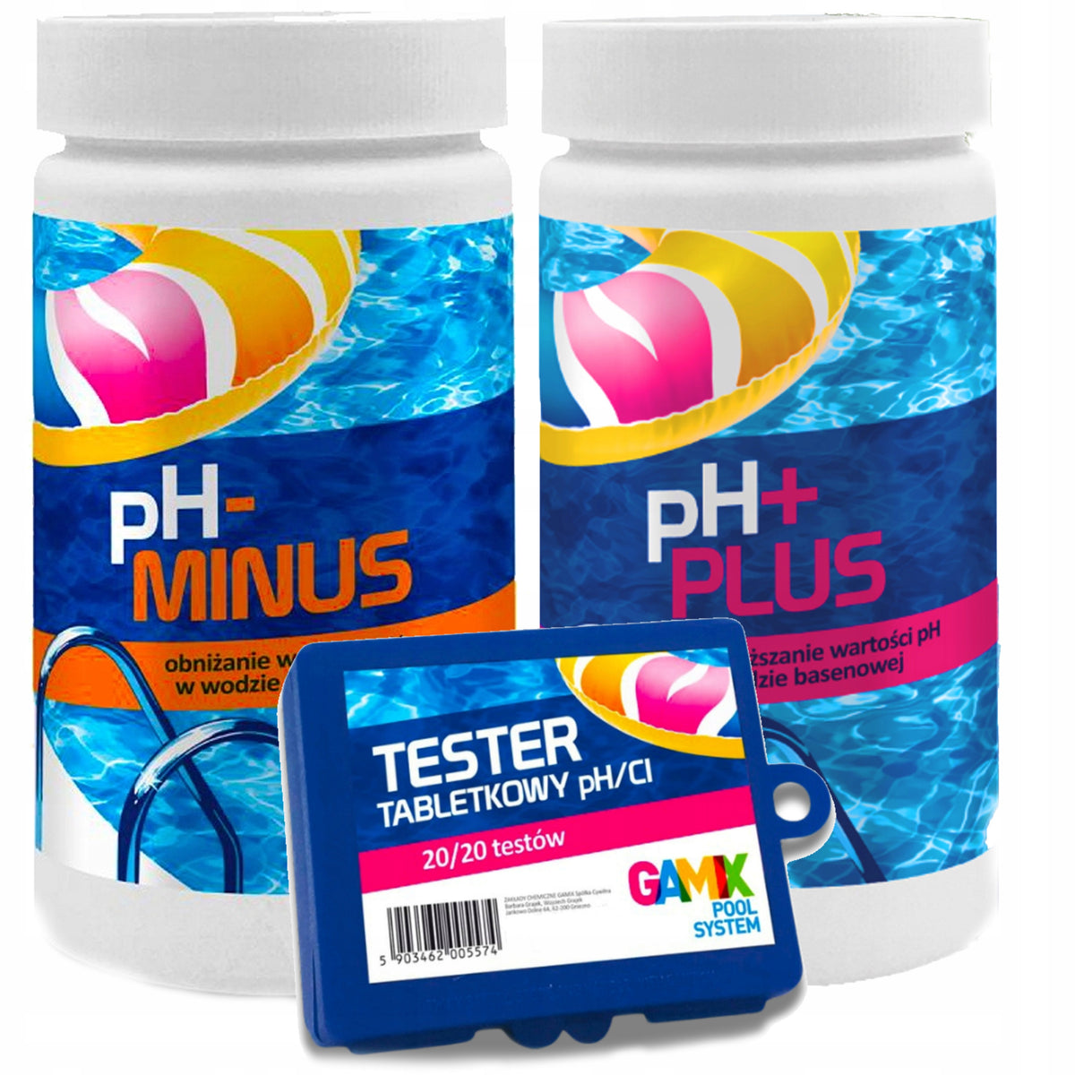 WATER PH ADJUSTMENT KIT PH MINUS- 1,5 KG PH PLUS+ 1KG + TESTER GAMIX Packaging status original
