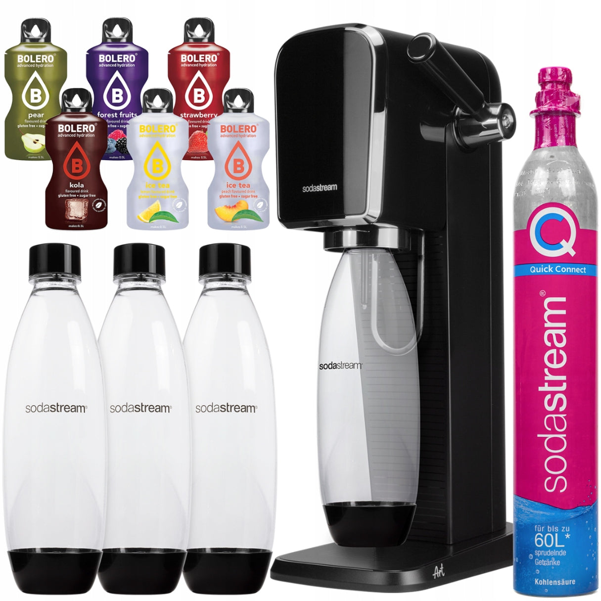 WATER SATURATOR SODASTREAM ART BLACK + 3 BOTTLES + SACHETS SET