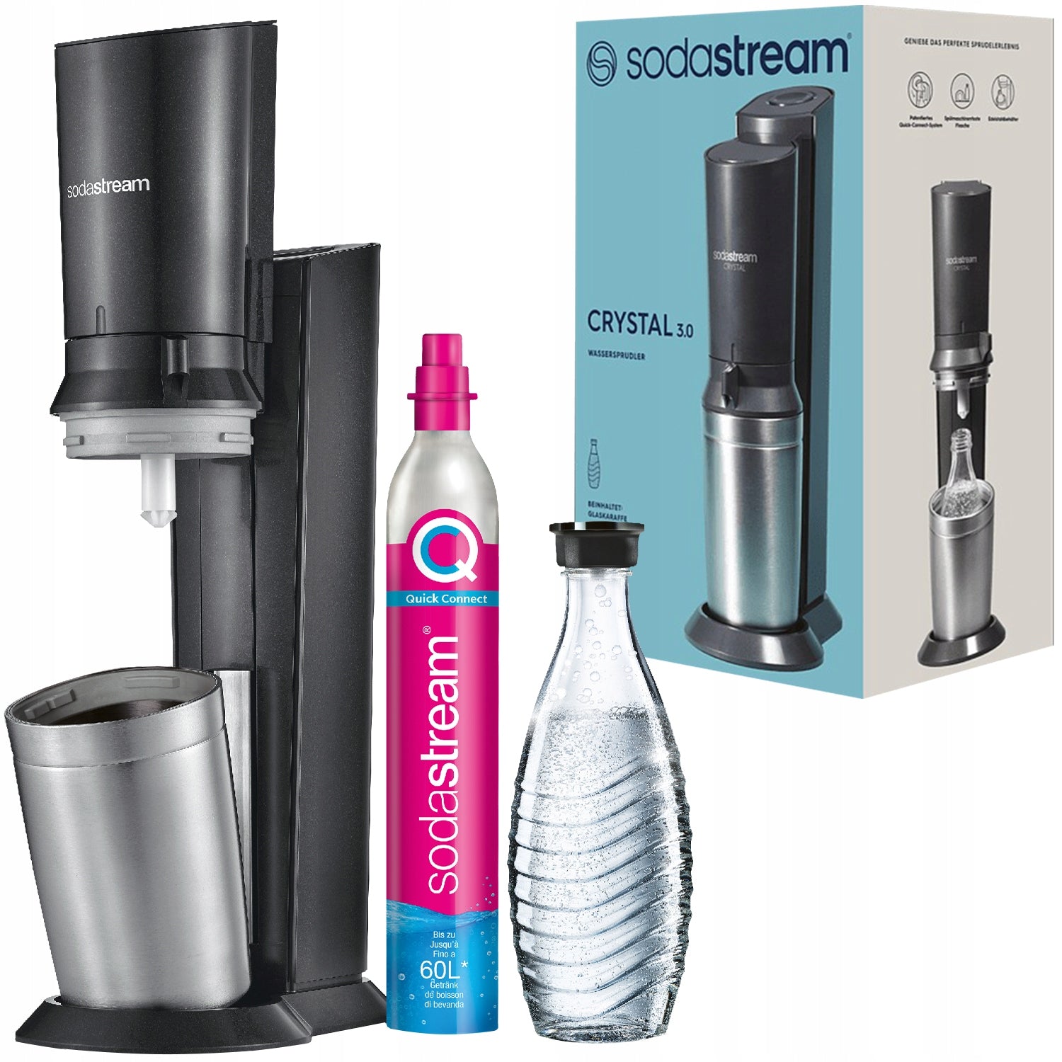 WATER SATURATOR SODASTREAM CRYSTAL + CO2 CARTRIDGE + GLASS CARAFE BOTTLE