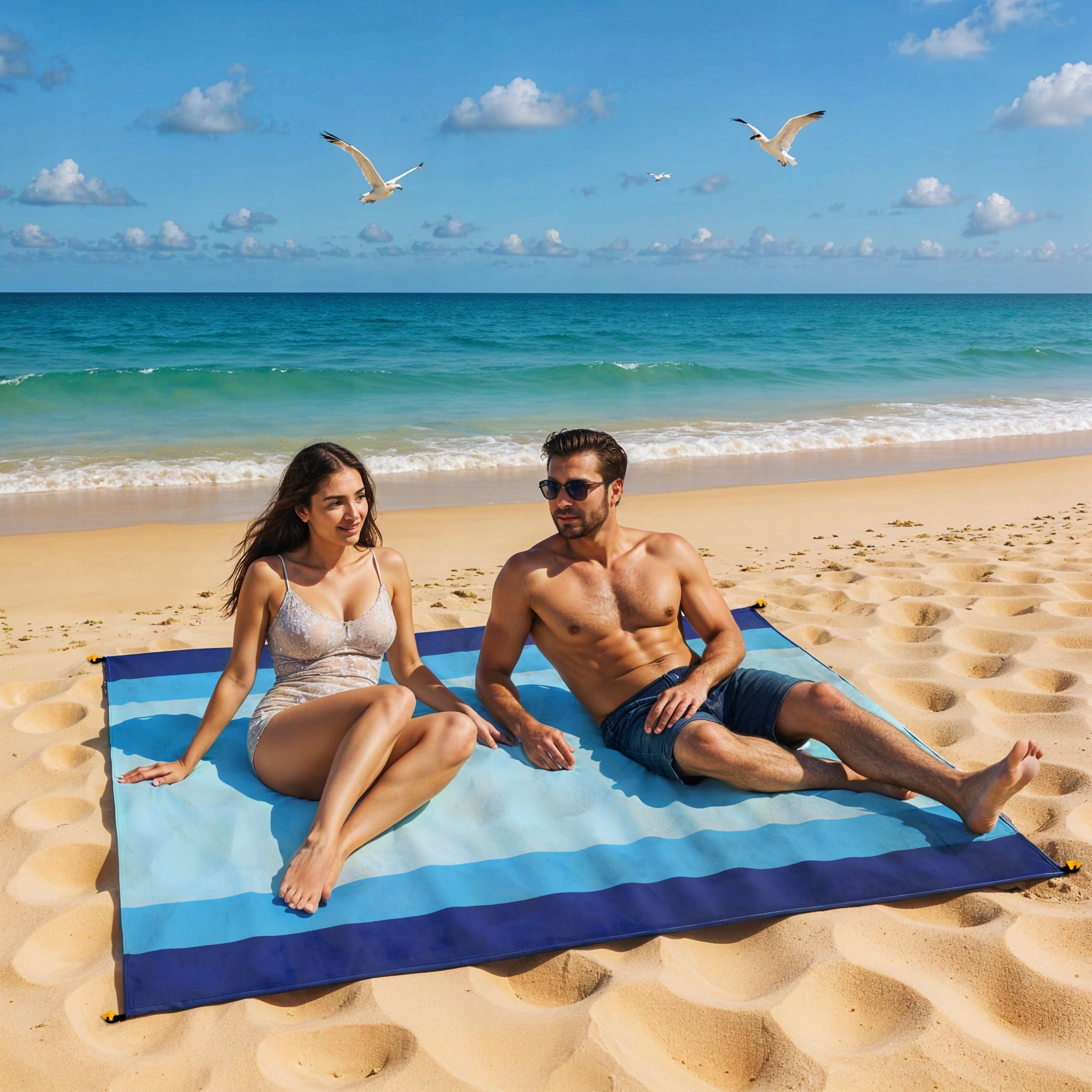 WATERPROOF BEACH MAT TOURIST BLANKET 200x200 CM FOLDING LIGHTWEIGHT + CASE Color blue