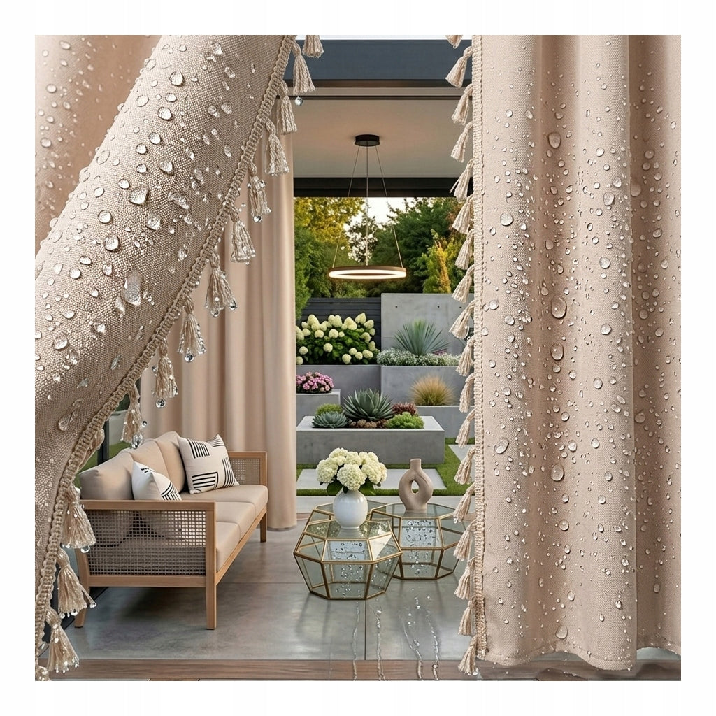 WATERPROOF GARDEN CURTAIN - TERRACE GAZEBO TASSELS BOHO SAND 80x200