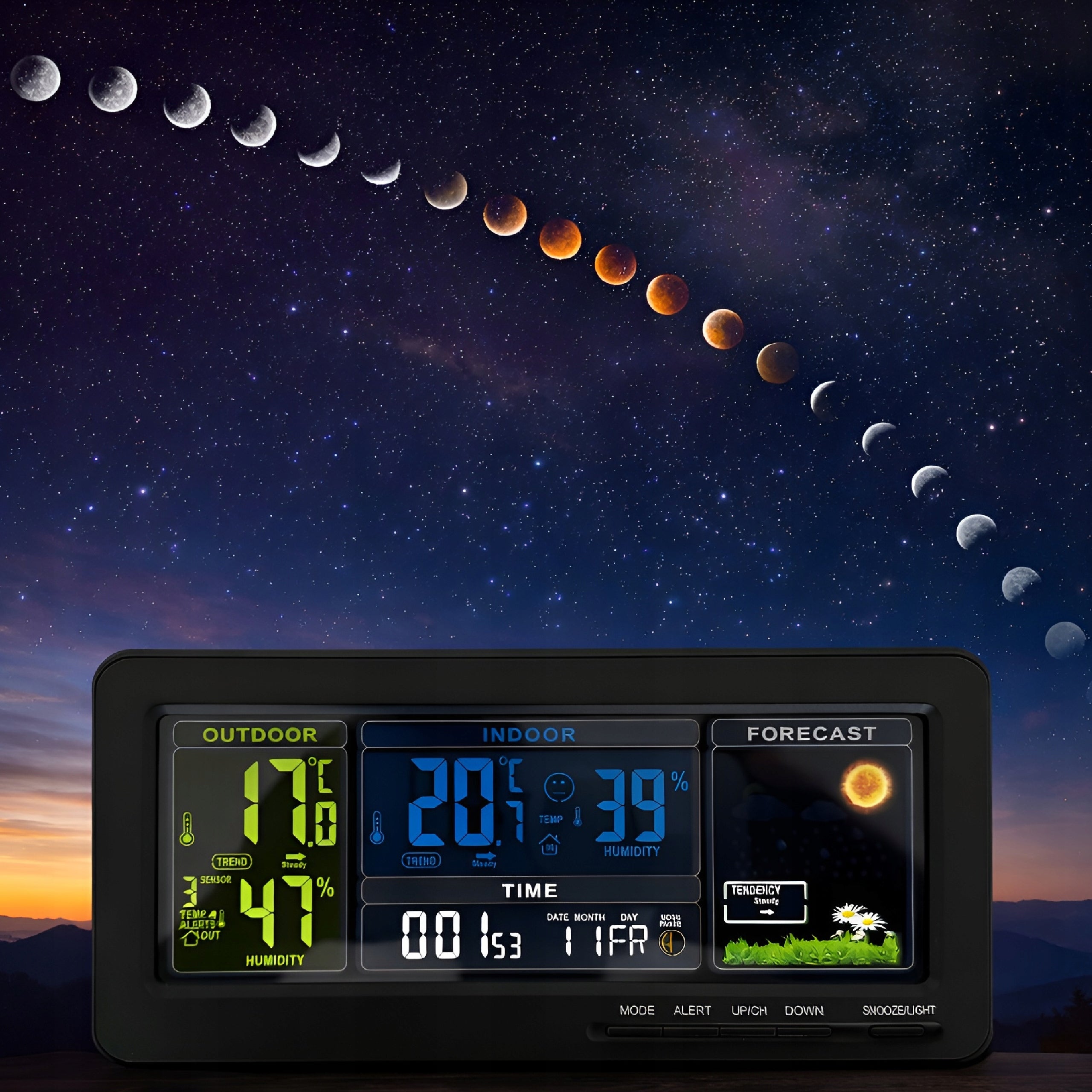WEATHER STATION HYGROMETER PROBE WIRELESS CLOCK WEATHER FORECAST BLACK Packaging status original
