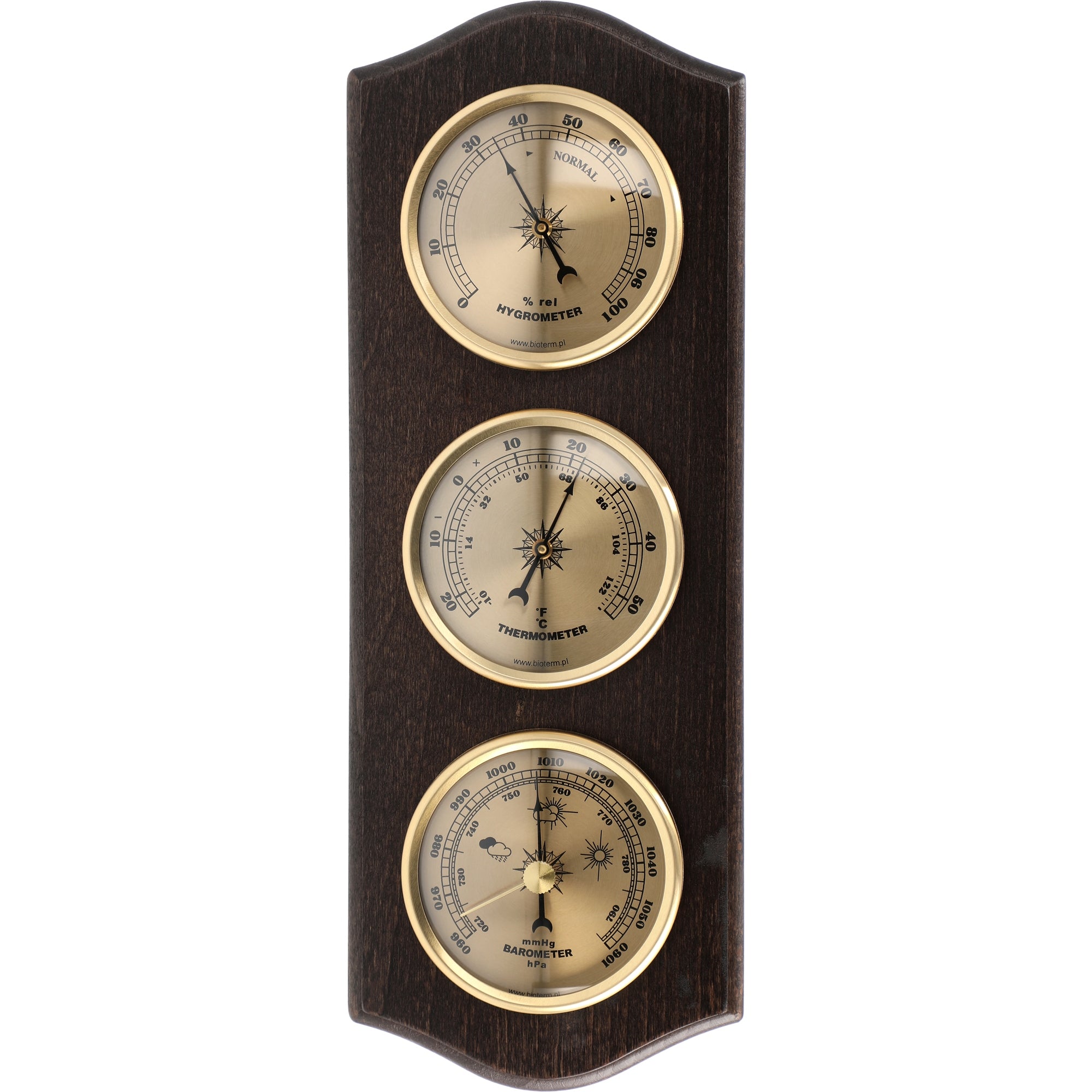 WEATHER STATION retro - gold dials BAROMETER THERMOMETER HYGROMETER color walnut