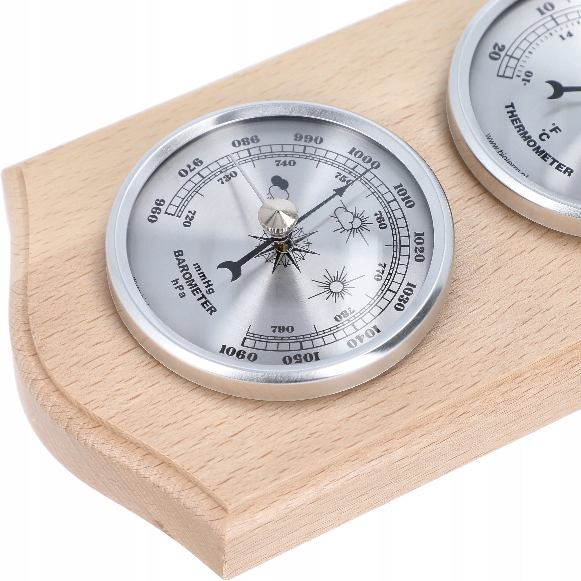 WEATHER STATION silver discs BAROMETER THERMOMETER HYGROMETER natural wood Manufacturer code 094112