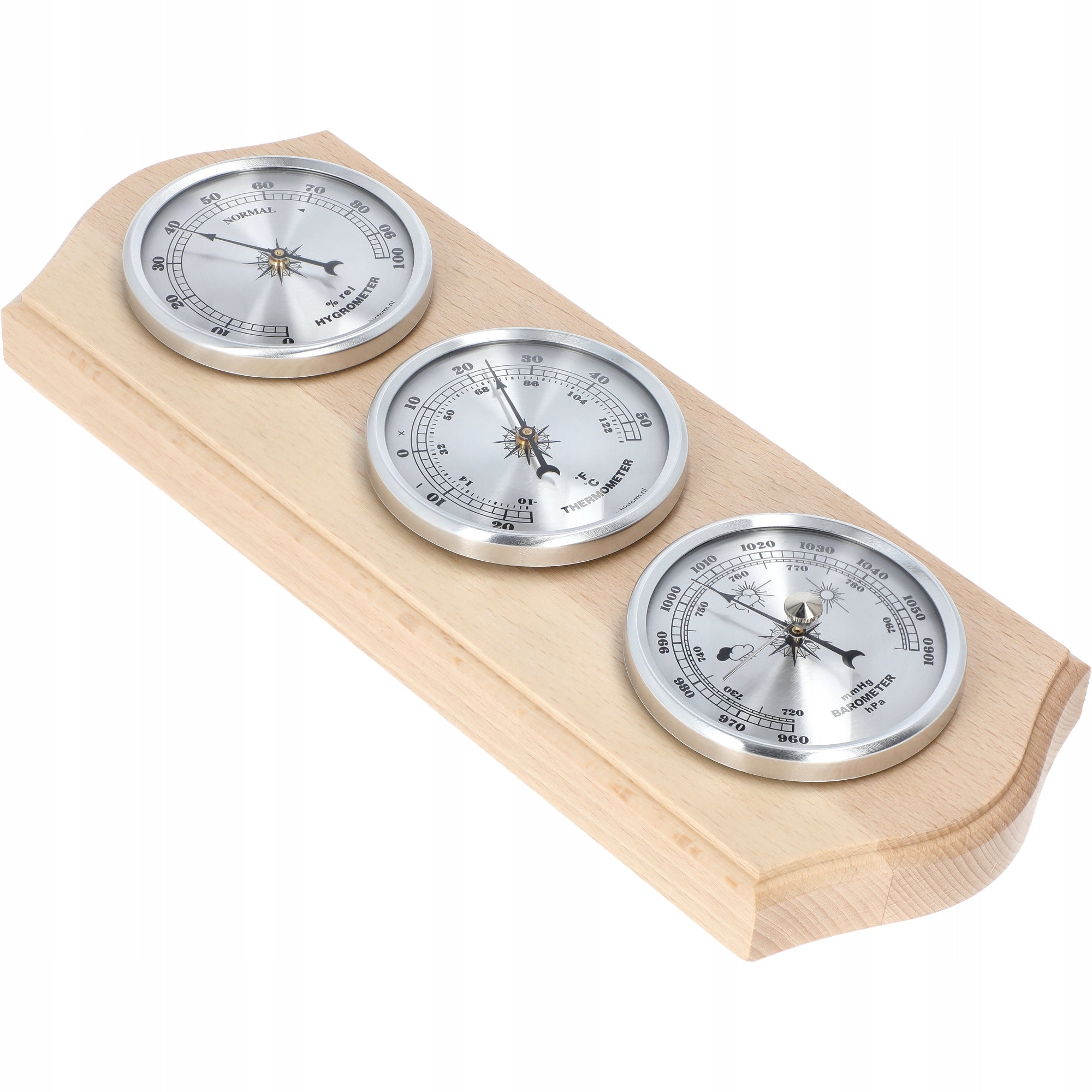 WEATHER STATION silver discs BAROMETER THERMOMETER HYGROMETER natural wood Packaging status original