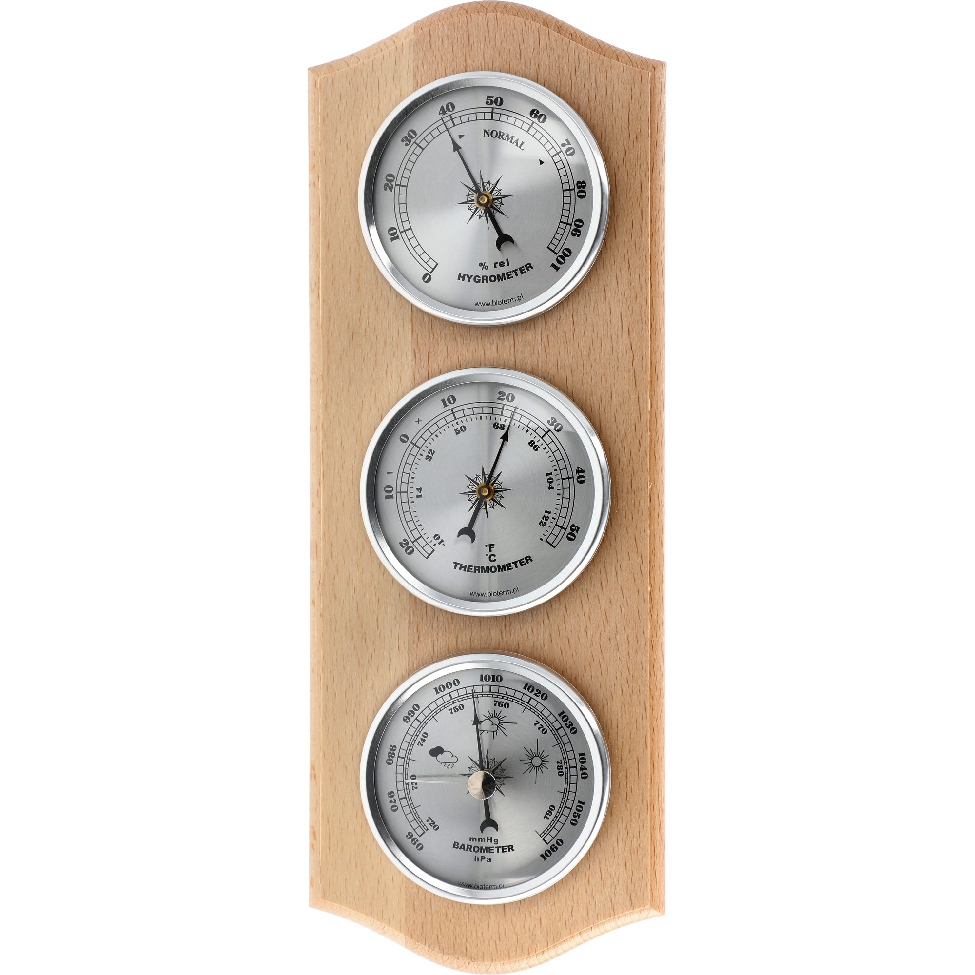 WEATHER STATION silver discs BAROMETER THERMOMETER HYGROMETER natural wood