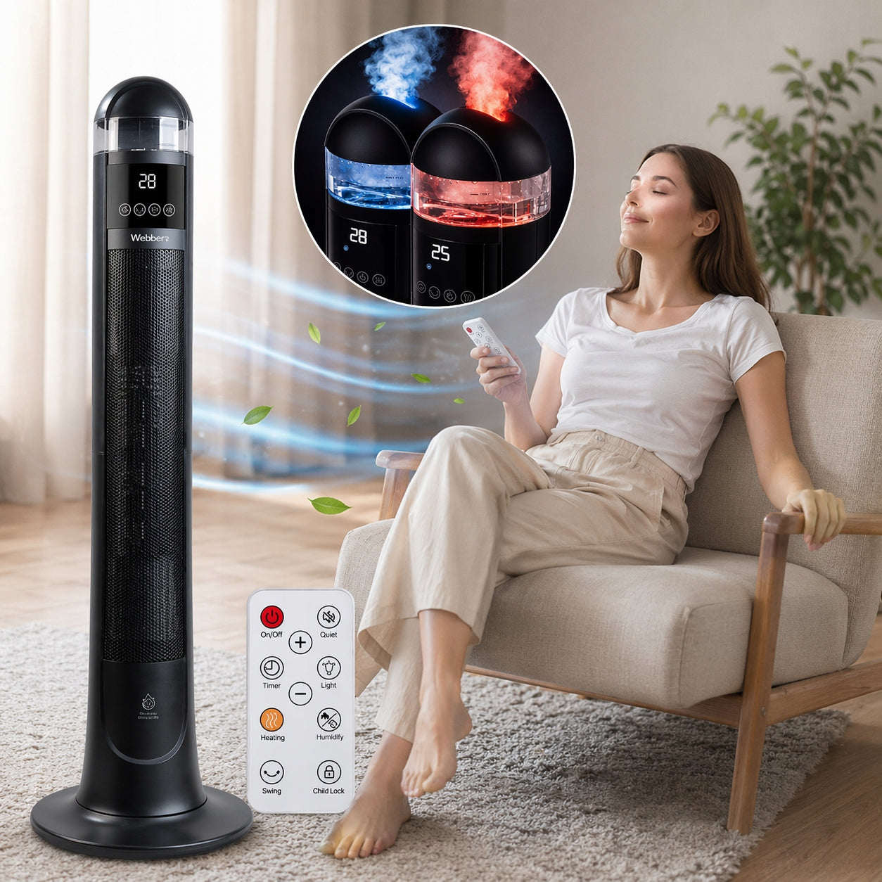 WEBBER 2200W CERAMIC COLUMN HUMIDIFIER LED OSCILLATION