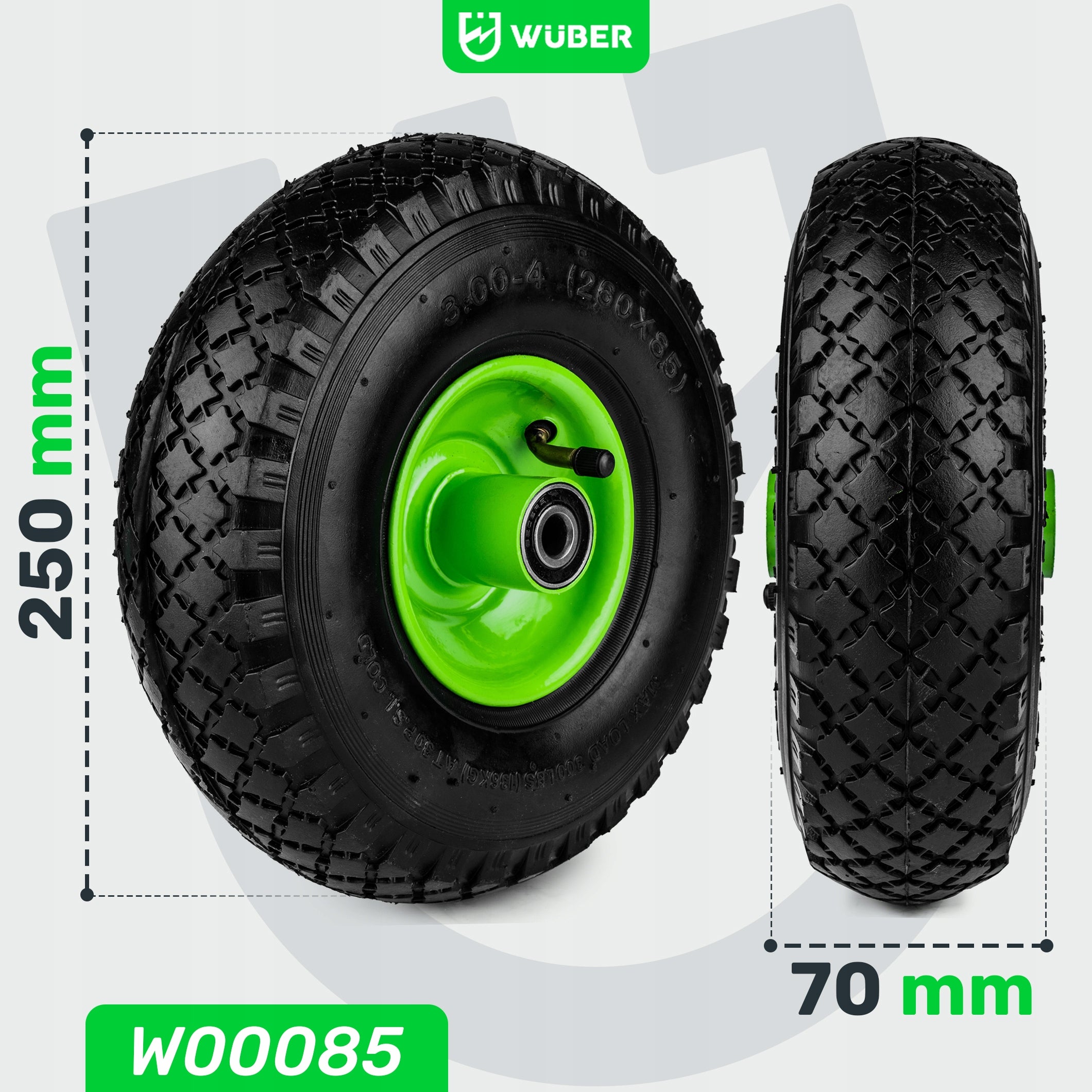 WHEEL FOR WHEELBARROW 10" 3,00x4 4PR 100KG STRONG WITH INNER TUBE PUMPED WUBER Manufacturer code W00085 KOŁO KÓŁKO DO TACZKI POMPOWANE WUBER