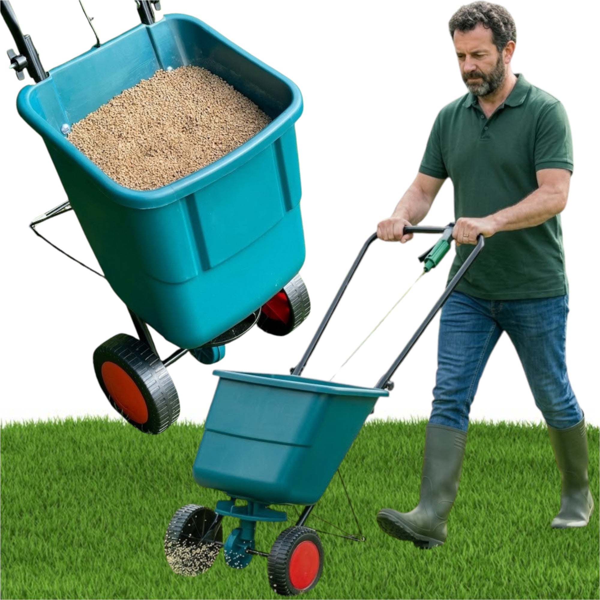 WHEELBARROW SEED DRILL ON WHEELS FOR SPREADING SEEDS AND ADJUSTABLE FERTILIZER