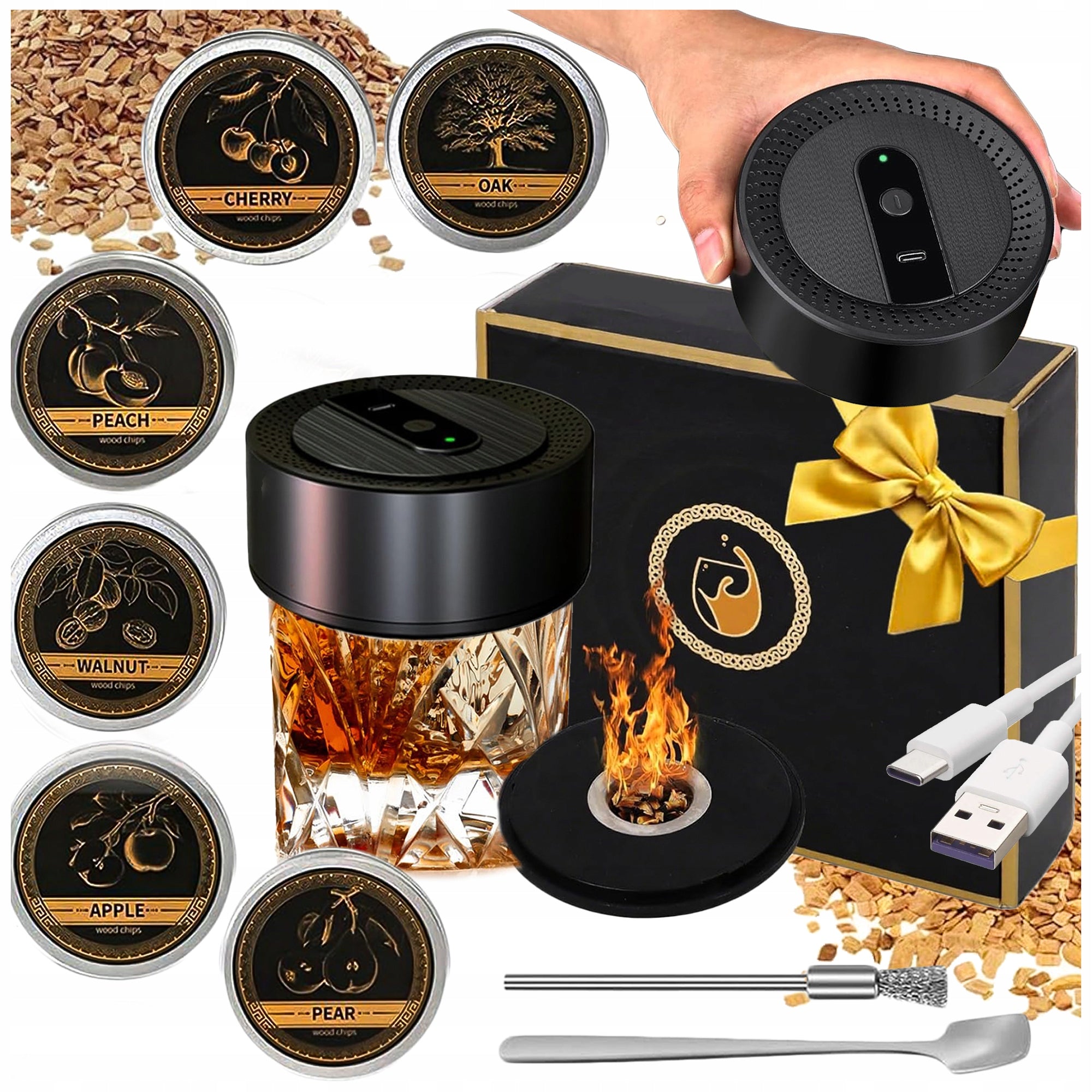 WHISKEY SMOKER SET WOOD 6 USB GIFT FOR GUY Packaging status original